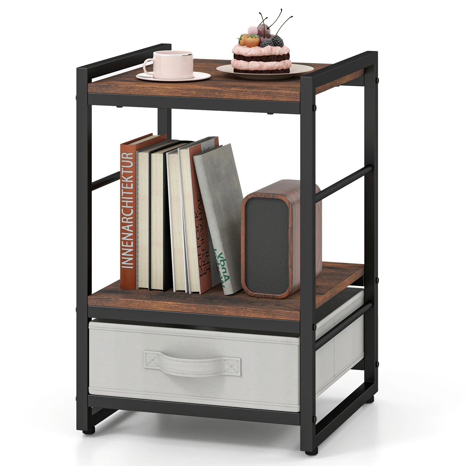 Industrial Nightstand With Open Shelf, Fabric Drawer, Rustic Brown - Image 5