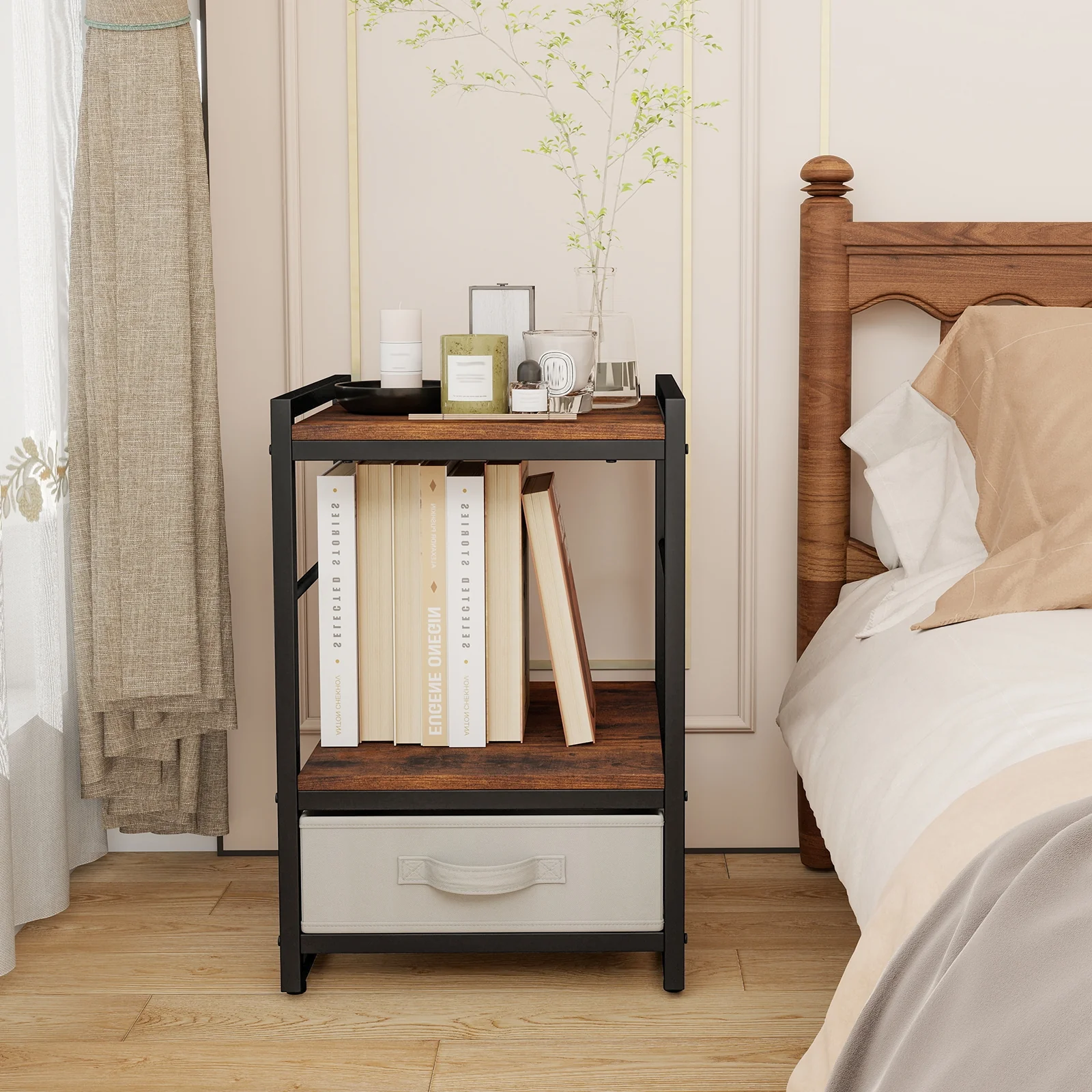 Industrial Nightstand With Open Shelf, Fabric Drawer, Rustic Brown - Image 8