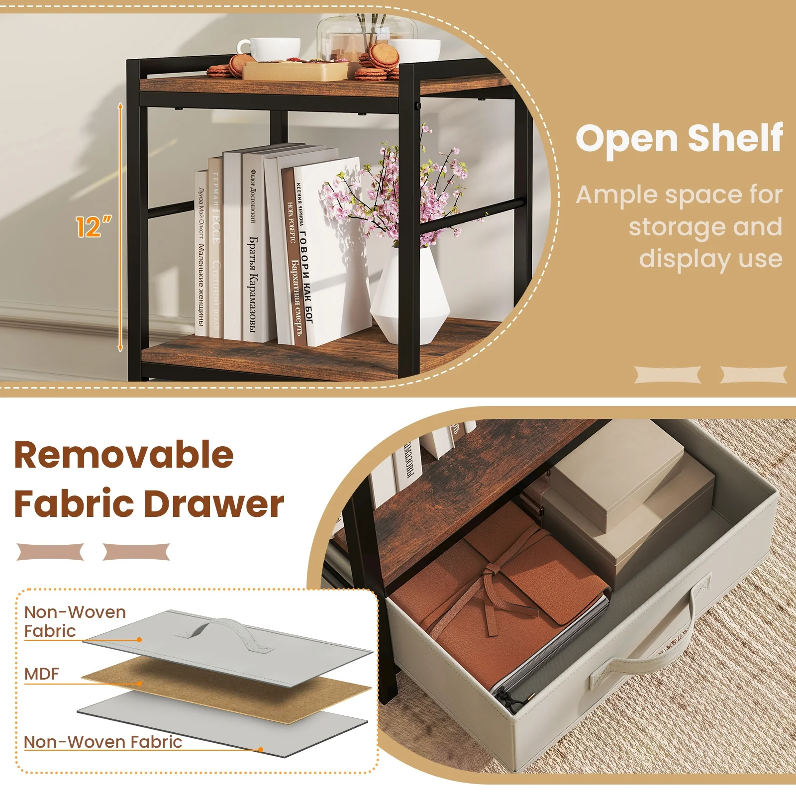 Industrial Nightstand With Open Shelf, Fabric Drawer, Rustic Brown - Image 9