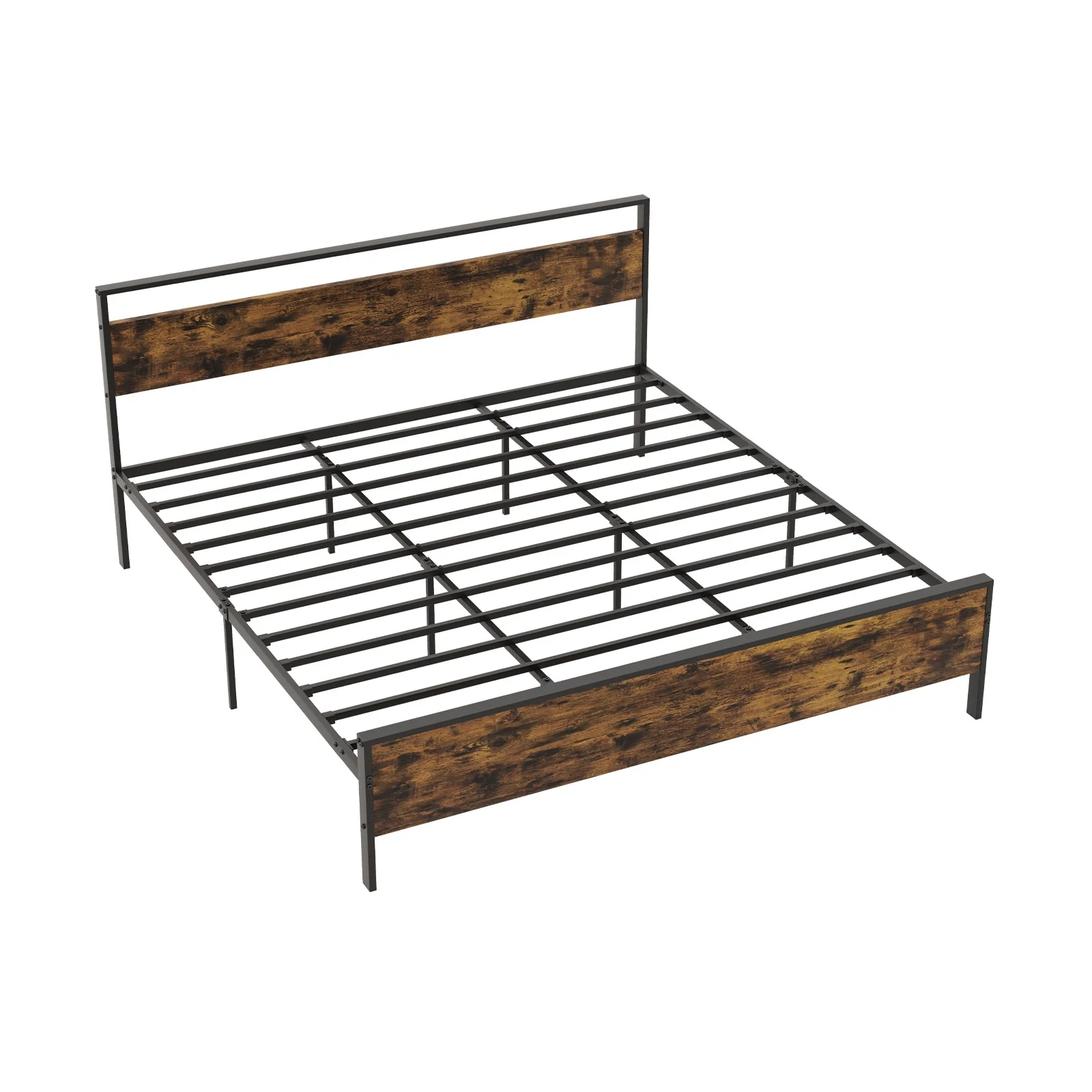 Industrial Platform Bed Frame With Wooden Headboard, King Size, Rustic Brown