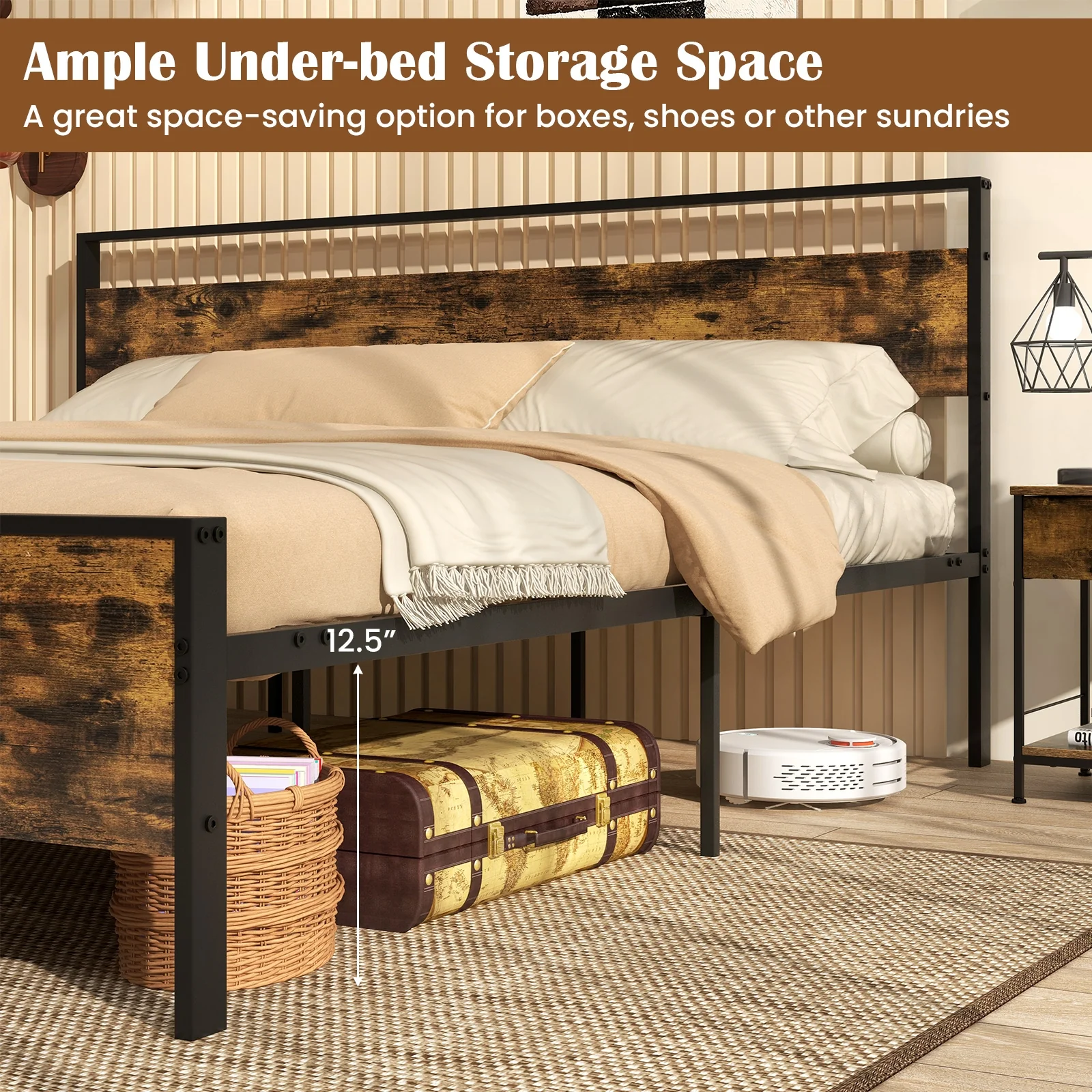 Industrial Platform Bed Frame With Wooden Headboard, King Size, Rustic Brown - Image 10