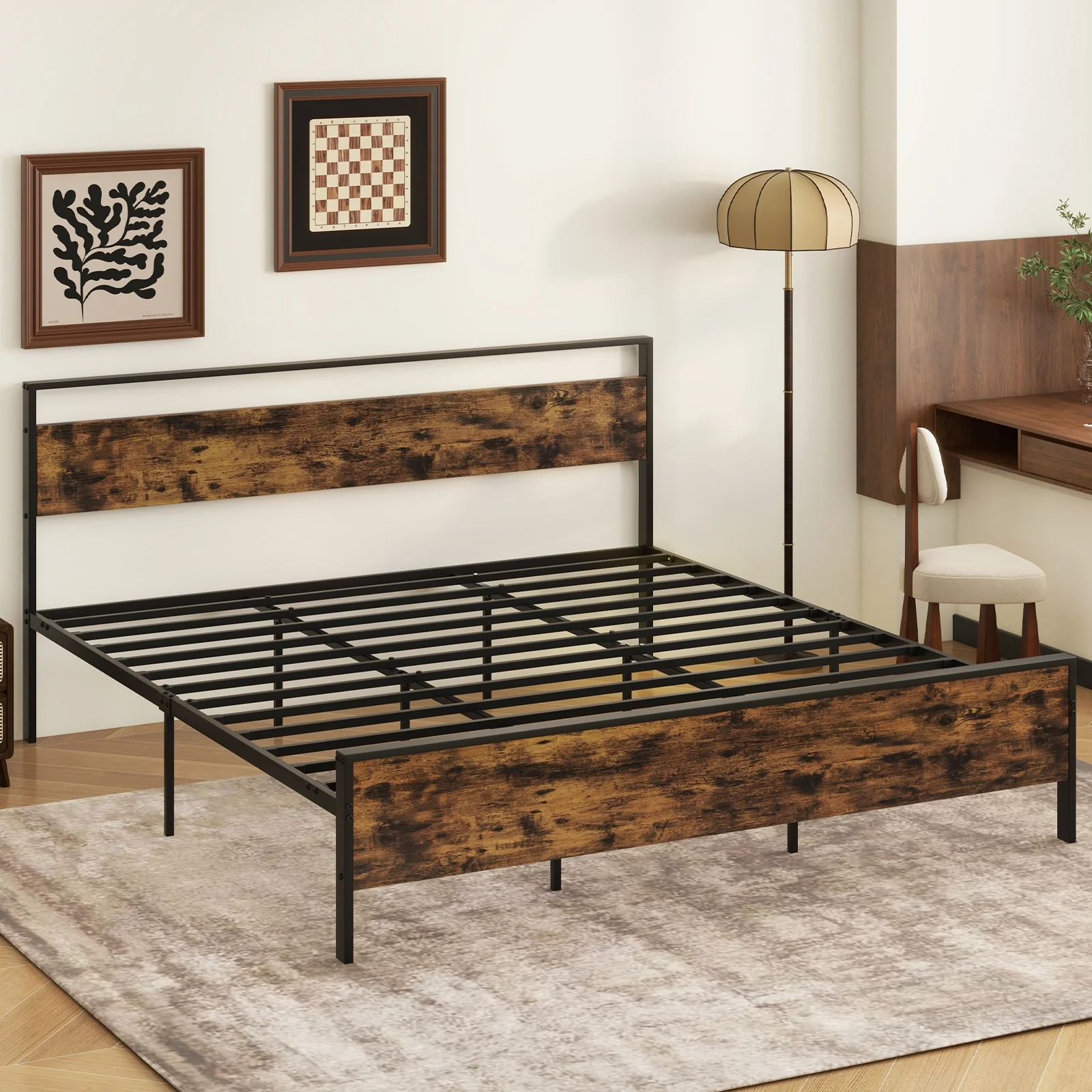 Industrial Platform Bed Frame With Wooden Headboard, King Size, Rustic Brown - Image 2