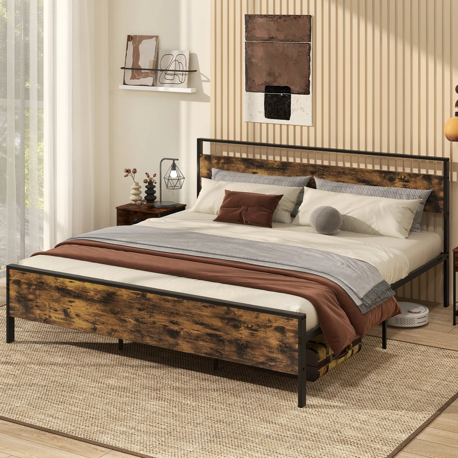 Industrial Platform Bed Frame With Wooden Headboard, King Size, Rustic Brown - Image 3