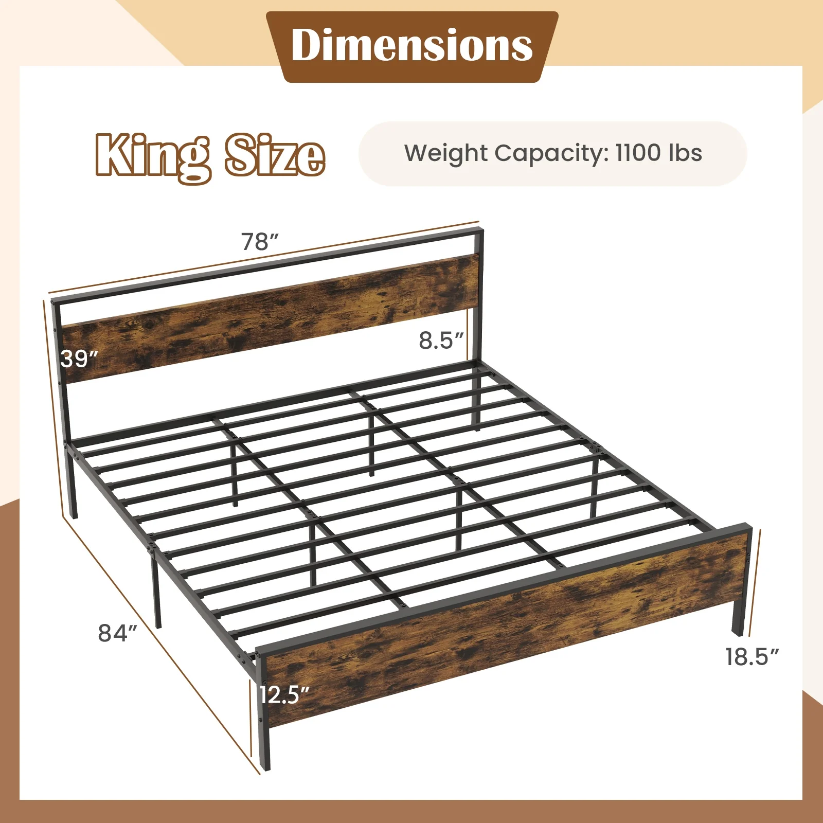 Industrial Platform Bed Frame With Wooden Headboard, King Size, Rustic Brown - Image 5