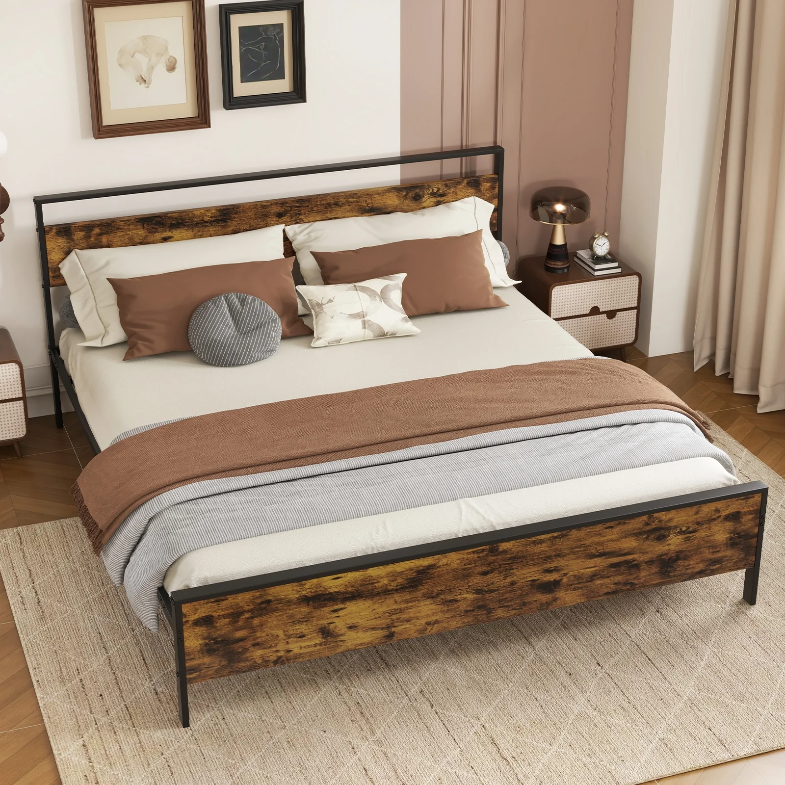 Industrial Platform Bed Frame With Wooden Headboard, King Size, Rustic Brown - Image 6