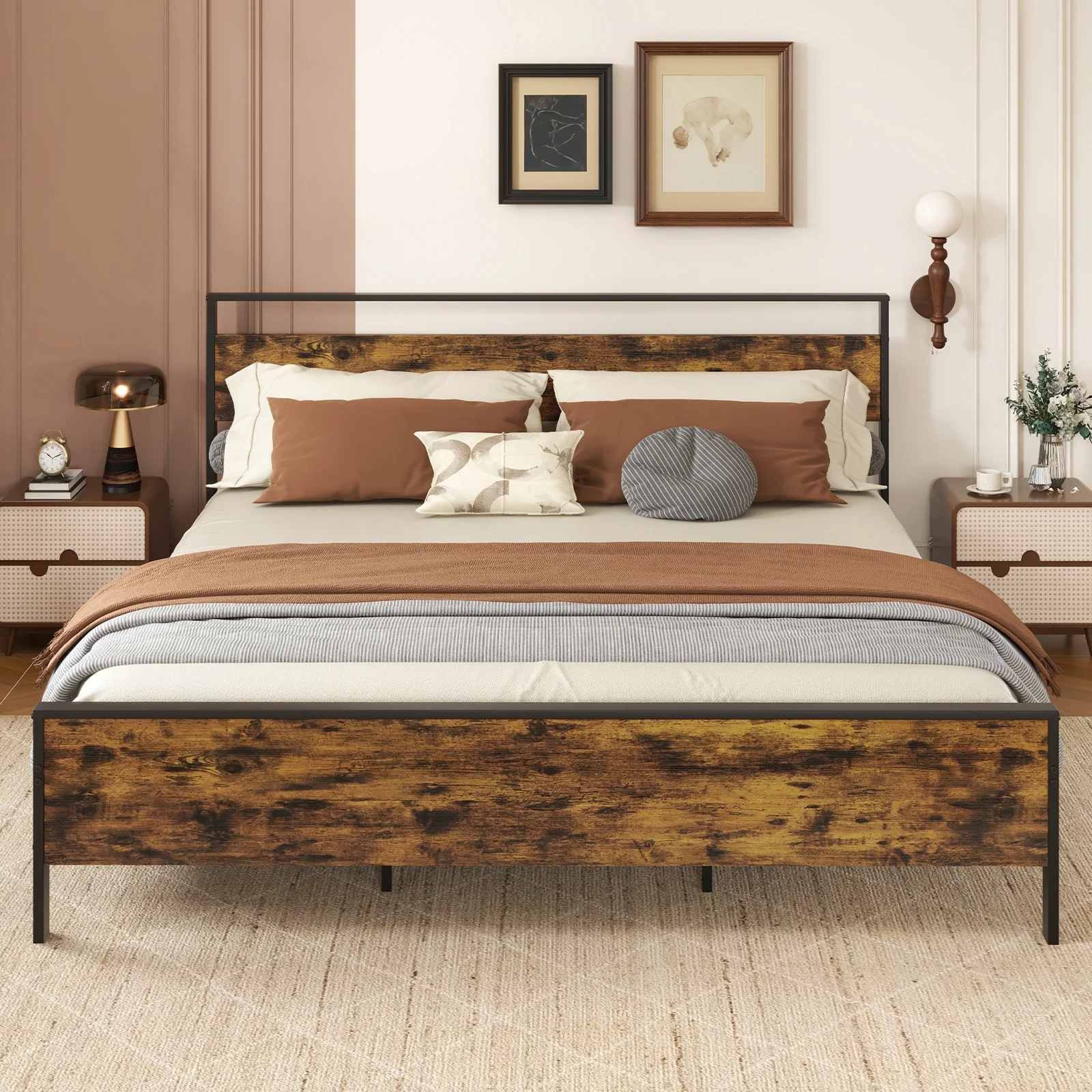 Industrial Platform Bed Frame With Wooden Headboard, King Size, Rustic Brown - Image 7