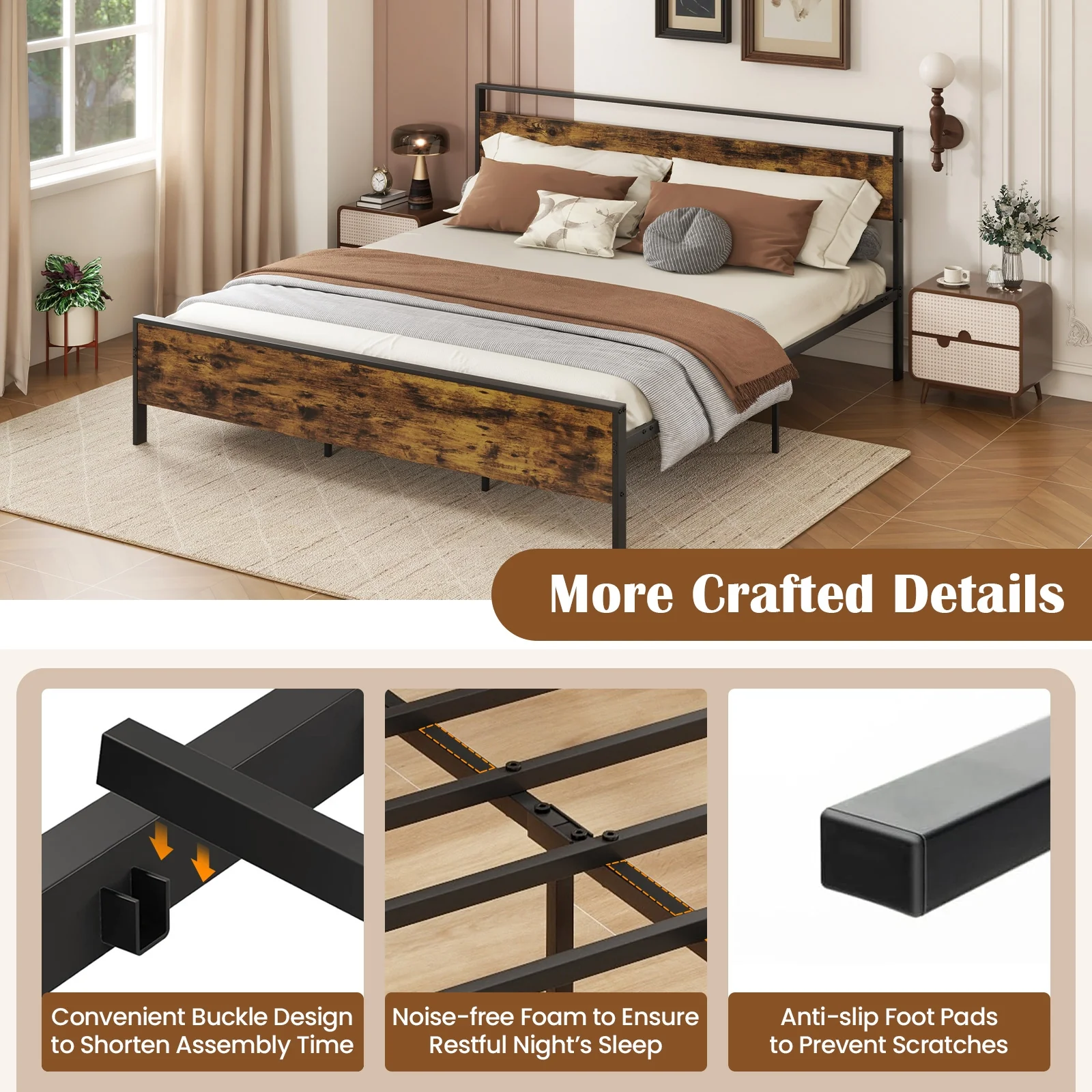 Industrial Platform Bed Frame With Wooden Headboard, King Size, Rustic Brown - Image 8