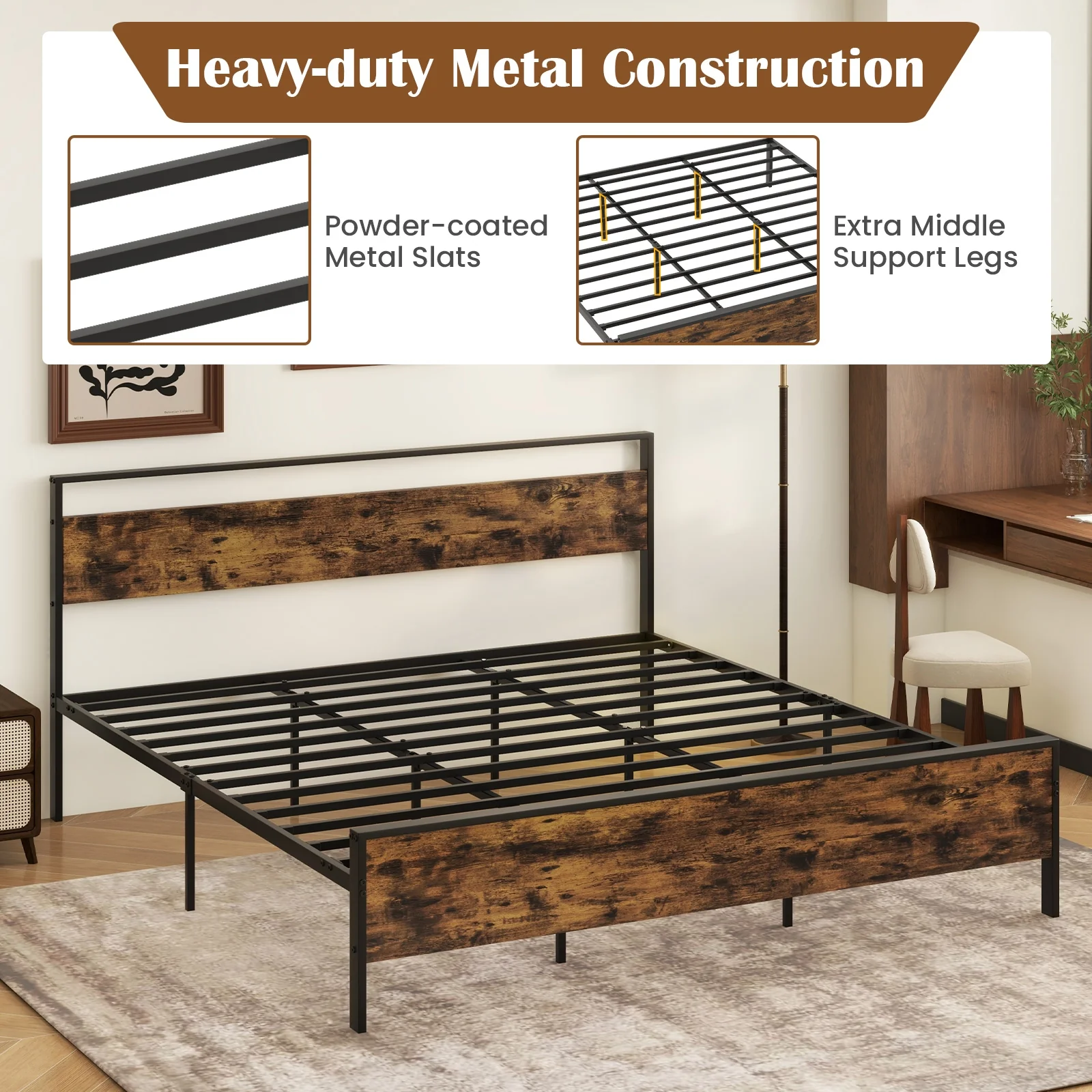 Industrial Platform Bed Frame With Wooden Headboard, King Size, Rustic Brown - Image 9