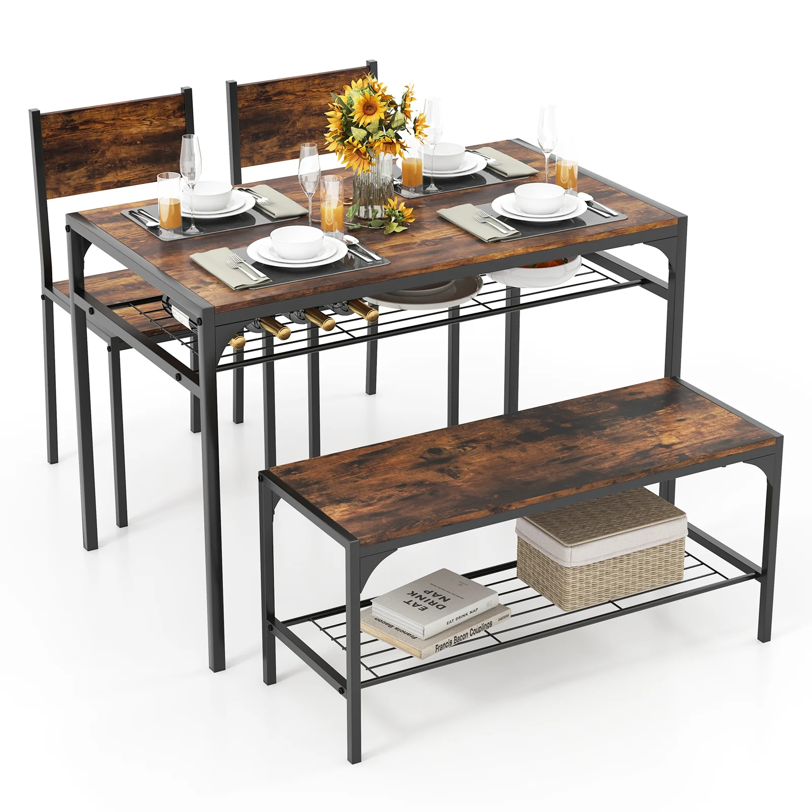 Industrial Rectangular Kitchen Table With Bench And Chairs, Brown