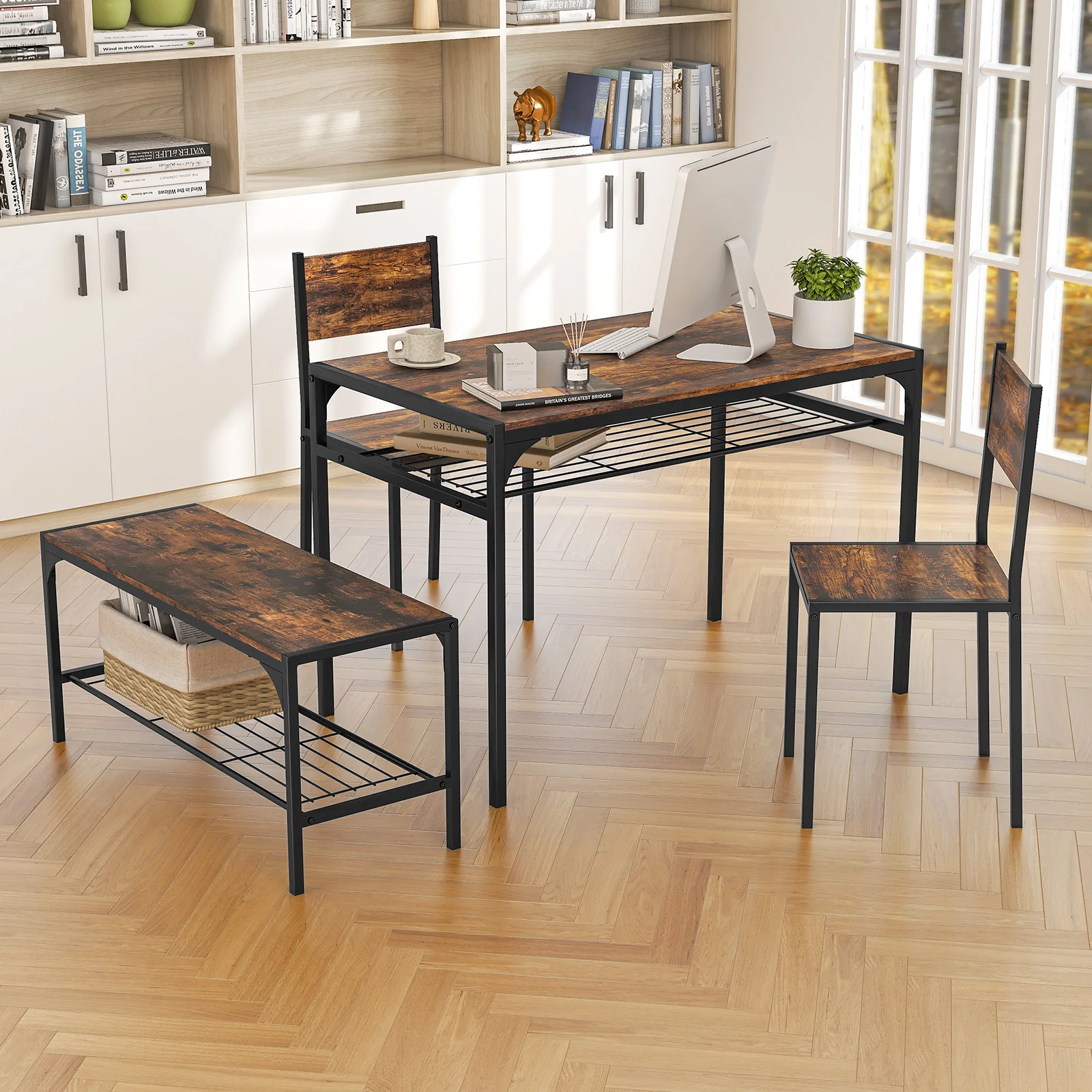 Industrial Rectangular Kitchen Table With Bench And Chairs, Brown - Image 2