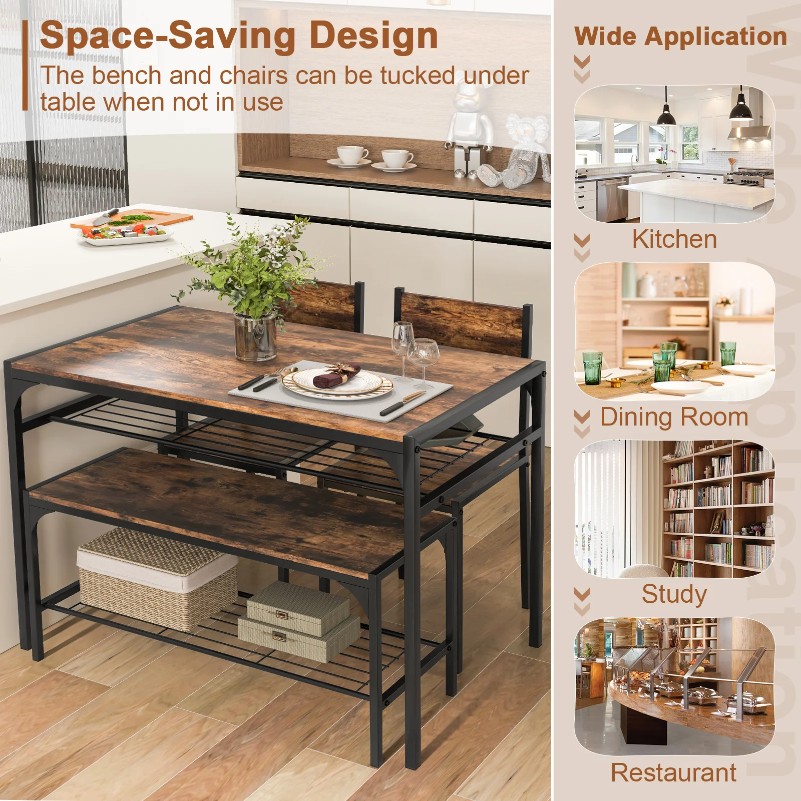Industrial Rectangular Kitchen Table With Bench And Chairs, Brown - Image 8