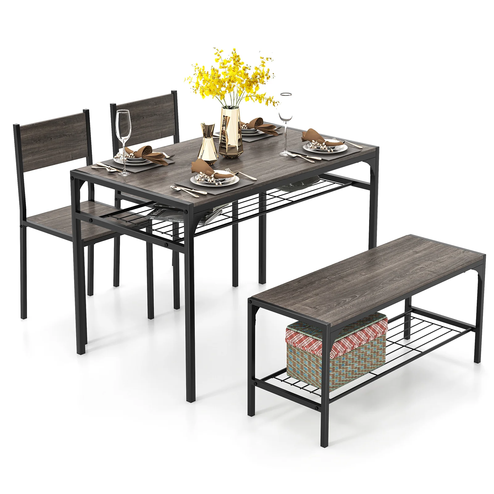 Industrial Rectangular Kitchen Table With Bench And Chairs, Gray