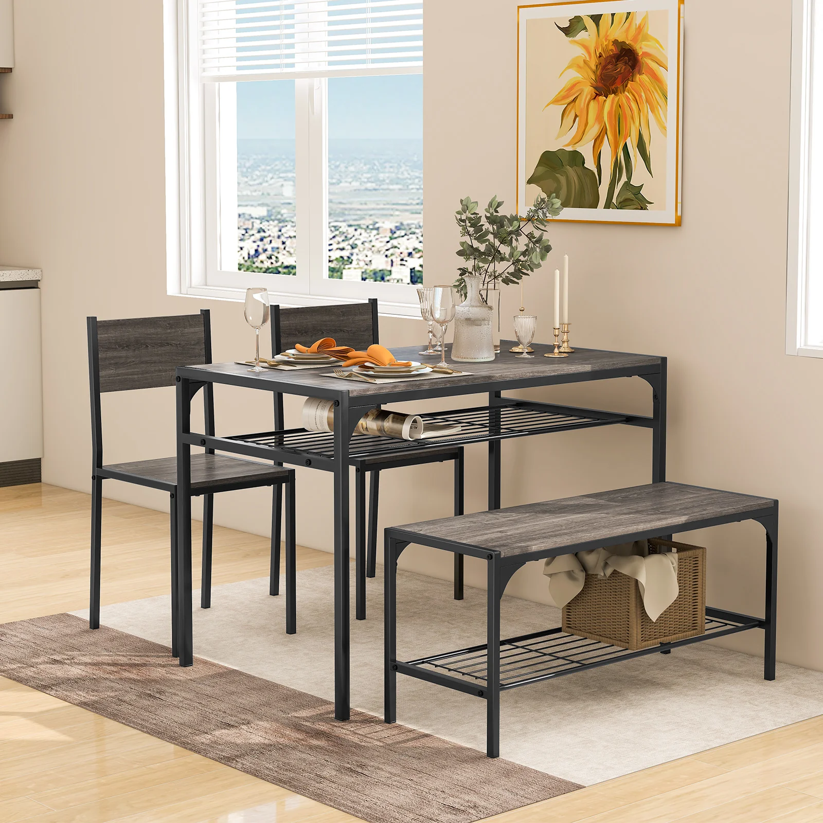 Industrial Rectangular Kitchen Table With Bench And Chairs, Gray - Image 2