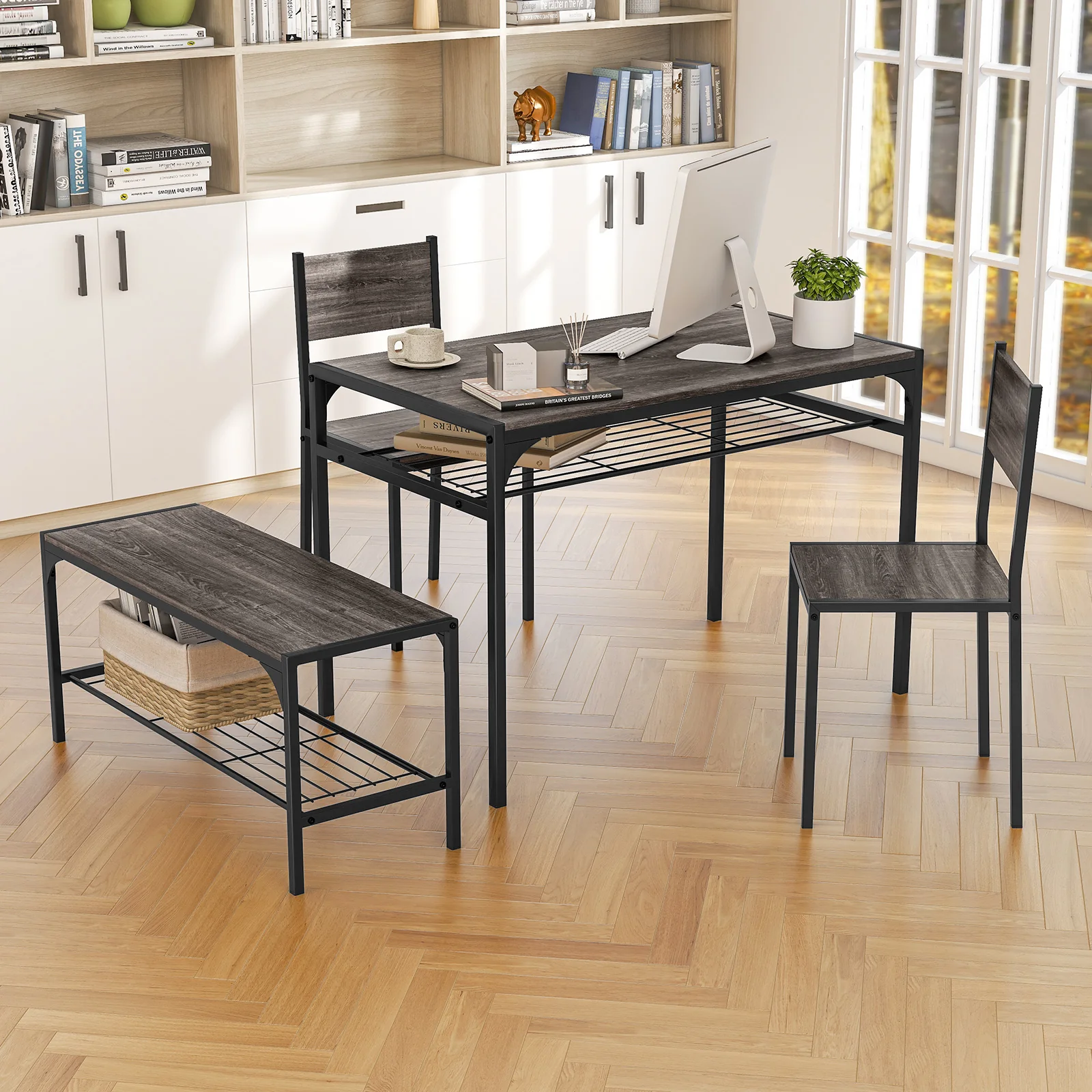 Industrial Rectangular Kitchen Table With Bench And Chairs, Gray - Image 3