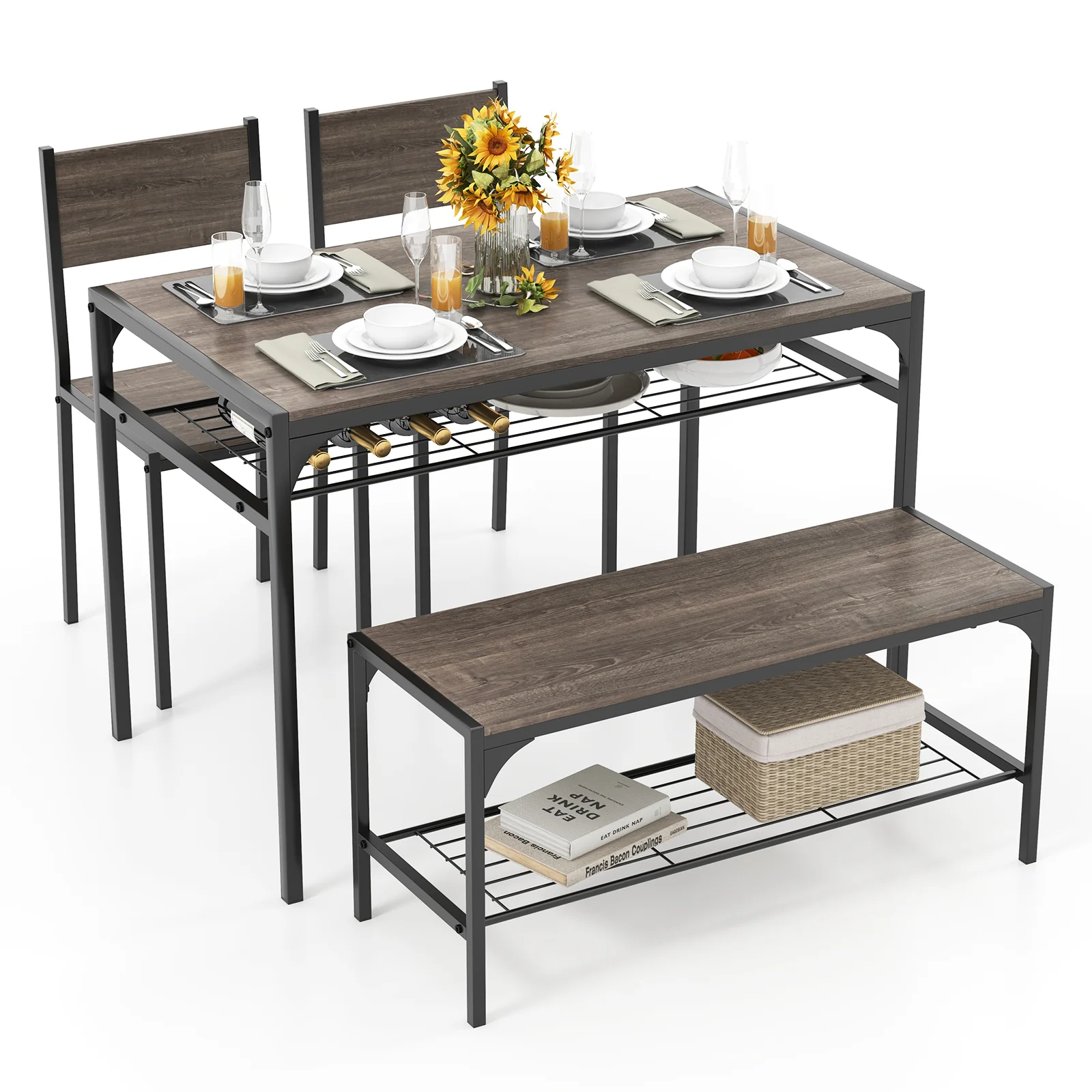 Industrial Rectangular Kitchen Table With Bench And Chairs, Gray - Image 5