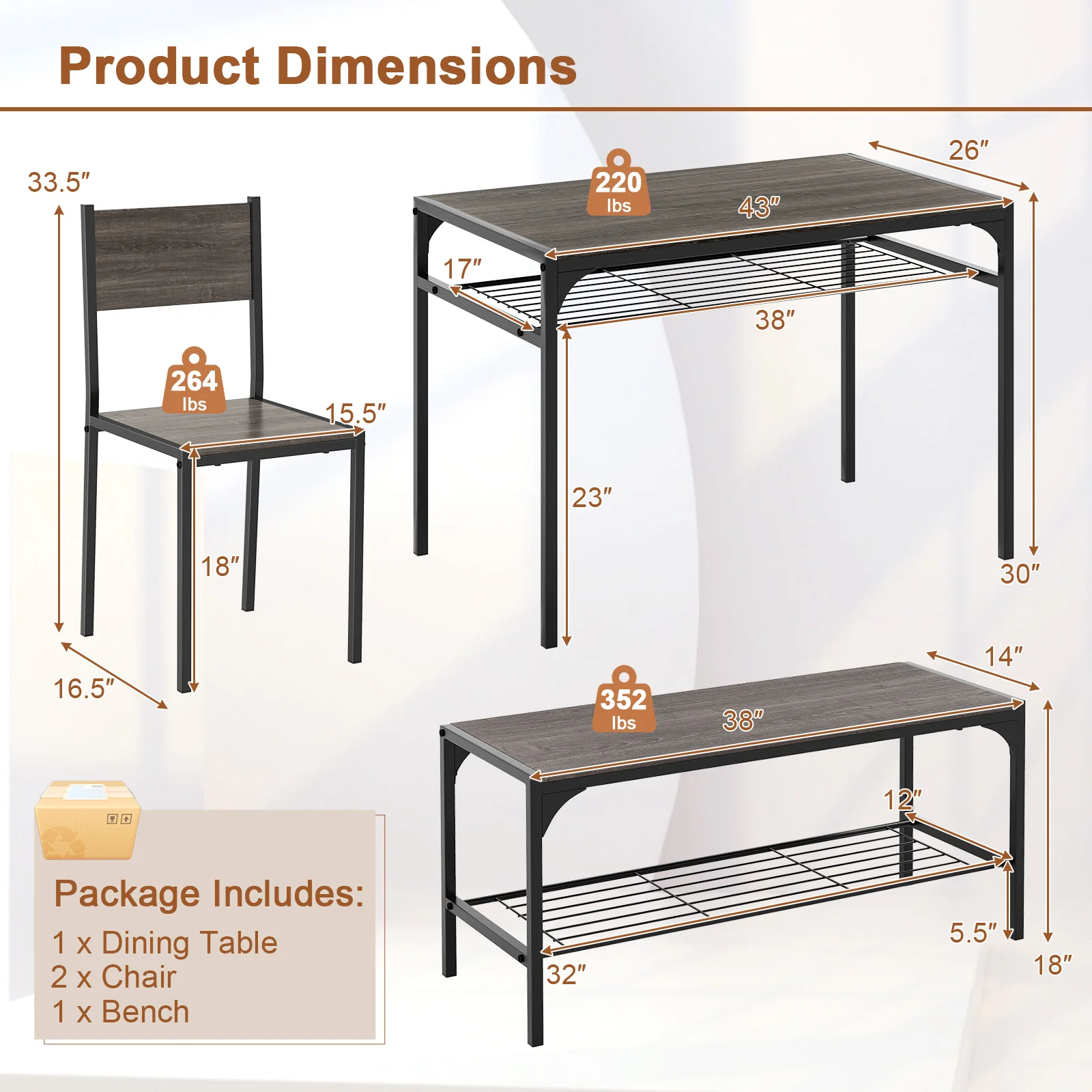Industrial Rectangular Kitchen Table With Bench And Chairs, Gray - Image 6