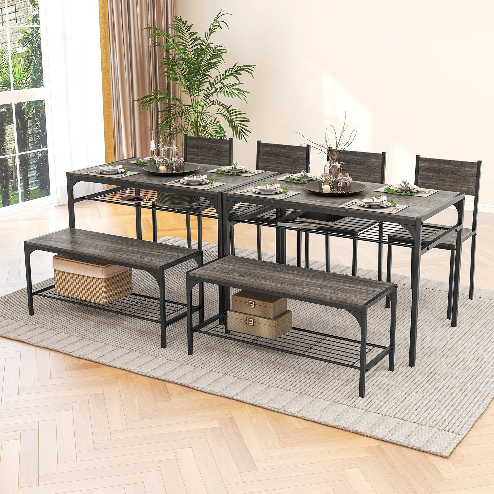 Industrial Rectangular Kitchen Table With Bench And Chairs, Gray - Image 7