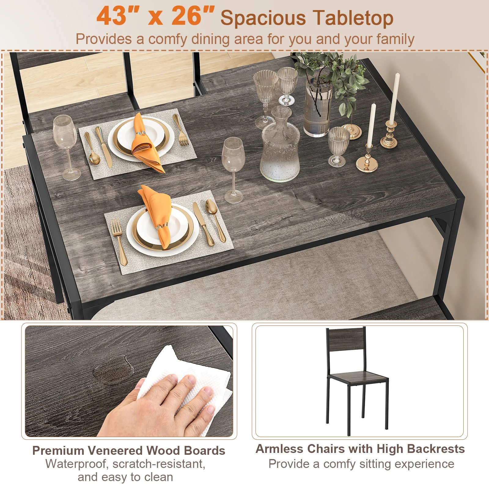 Industrial Rectangular Kitchen Table With Bench And Chairs, Gray - Image 8