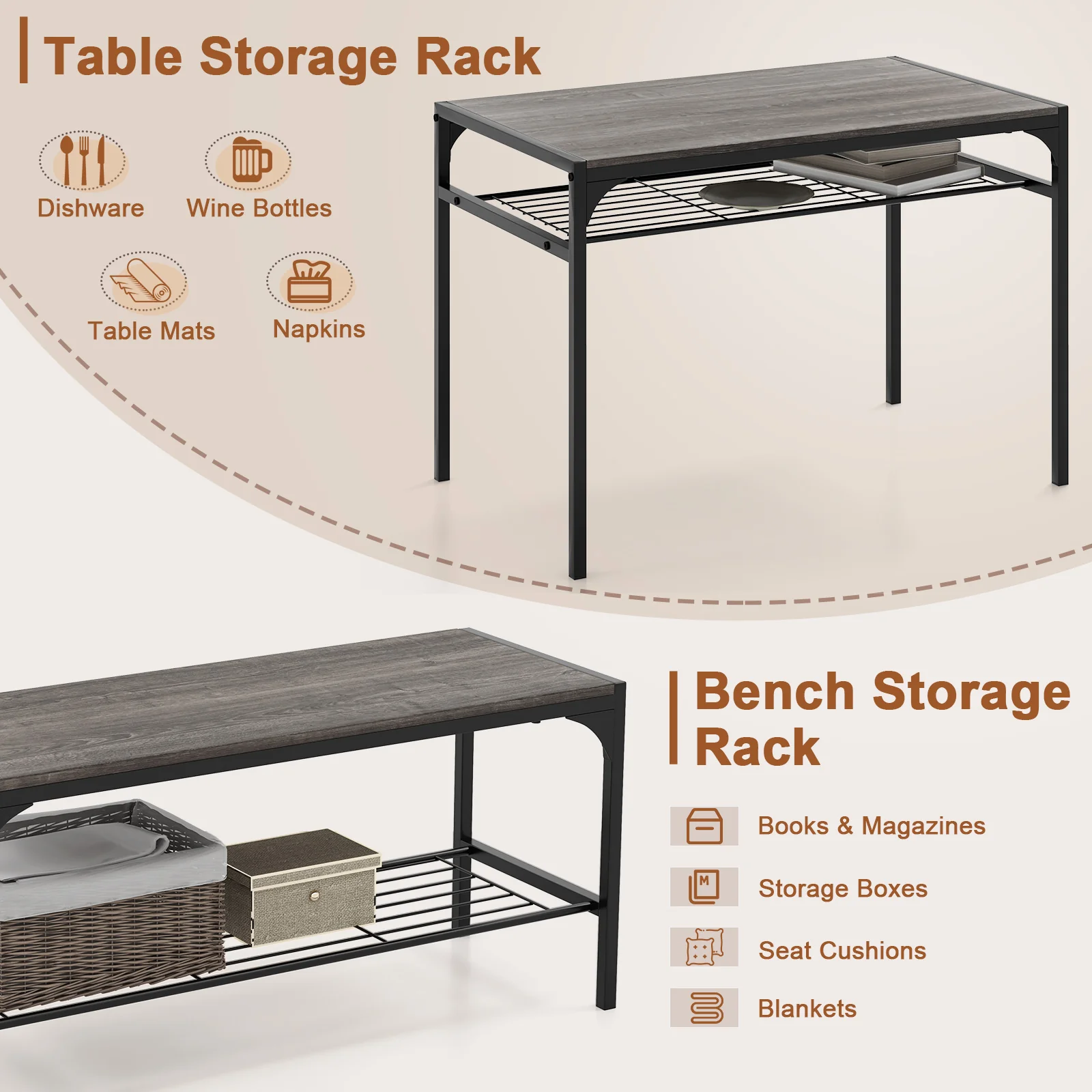 Industrial Rectangular Kitchen Table With Bench And Chairs, Gray - Image 9
