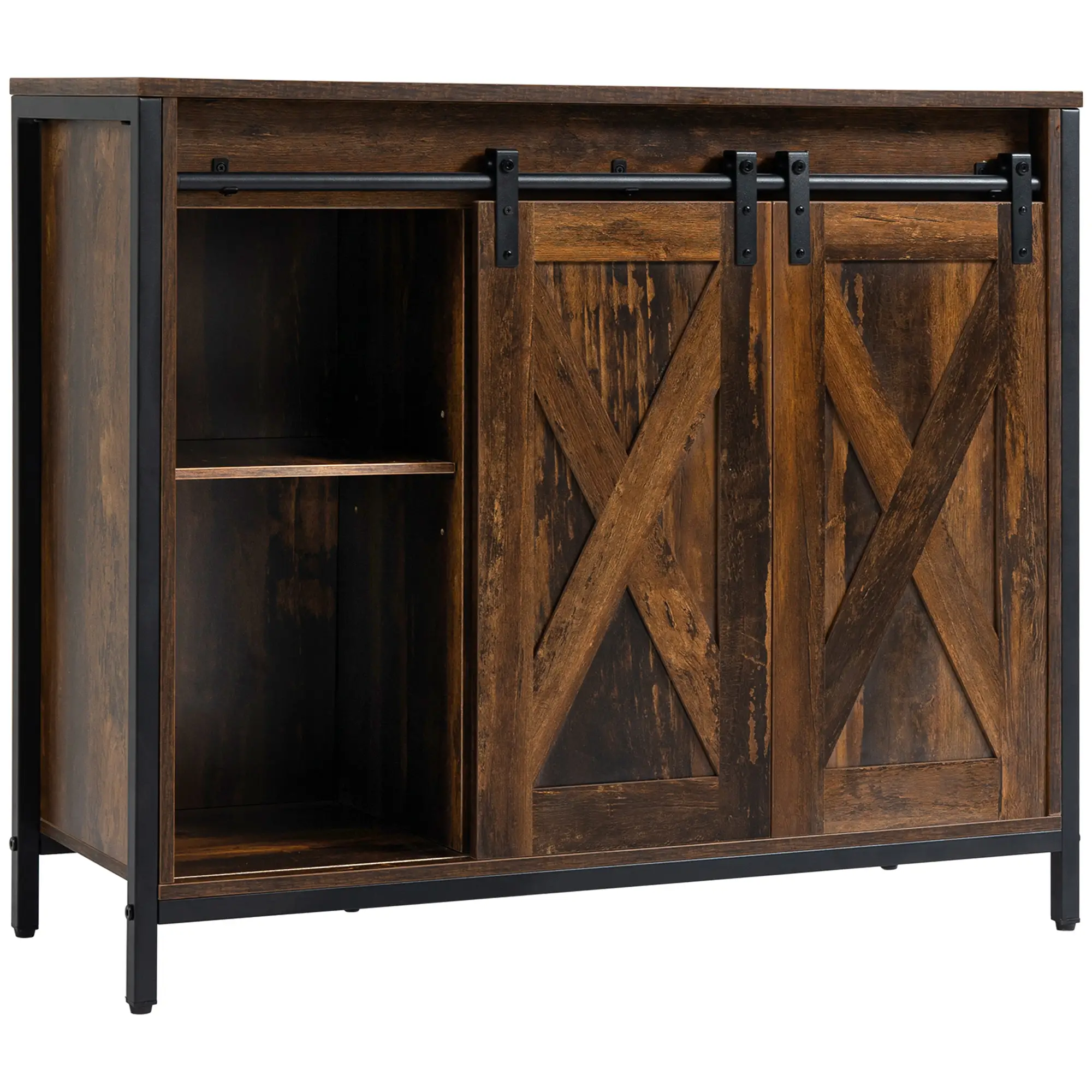 Industrial Sideboard, Buffet Cabinet with Sliding Barn Doors, Rustic Brown, Brown - Image 11