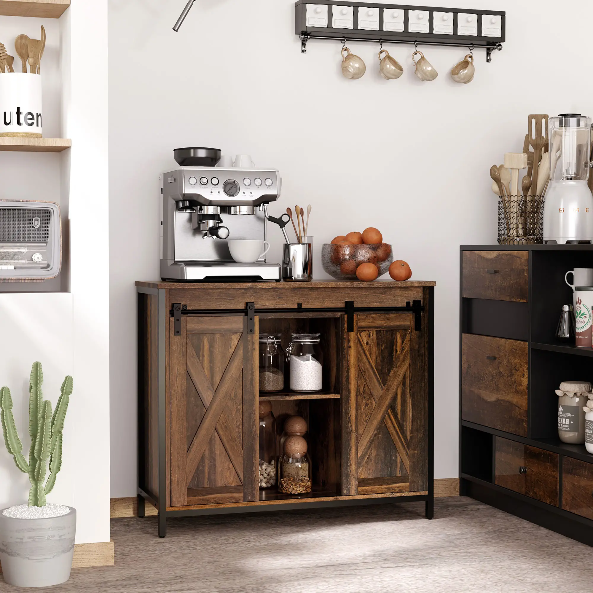 Industrial Sideboard, Buffet Cabinet with Sliding Barn Doors, Rustic Brown, Brown - Image 2