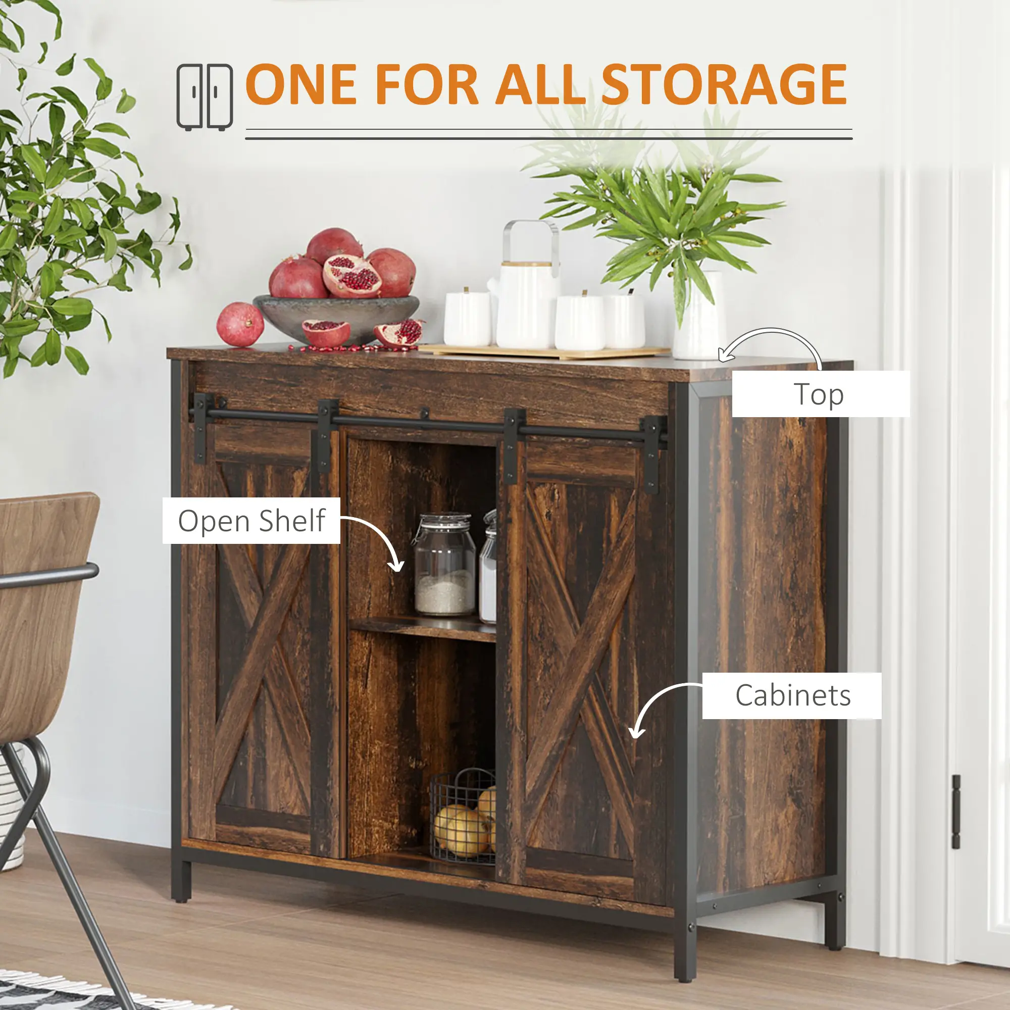 Industrial Sideboard, Buffet Cabinet with Sliding Barn Doors, Rustic Brown, Brown - Image 4