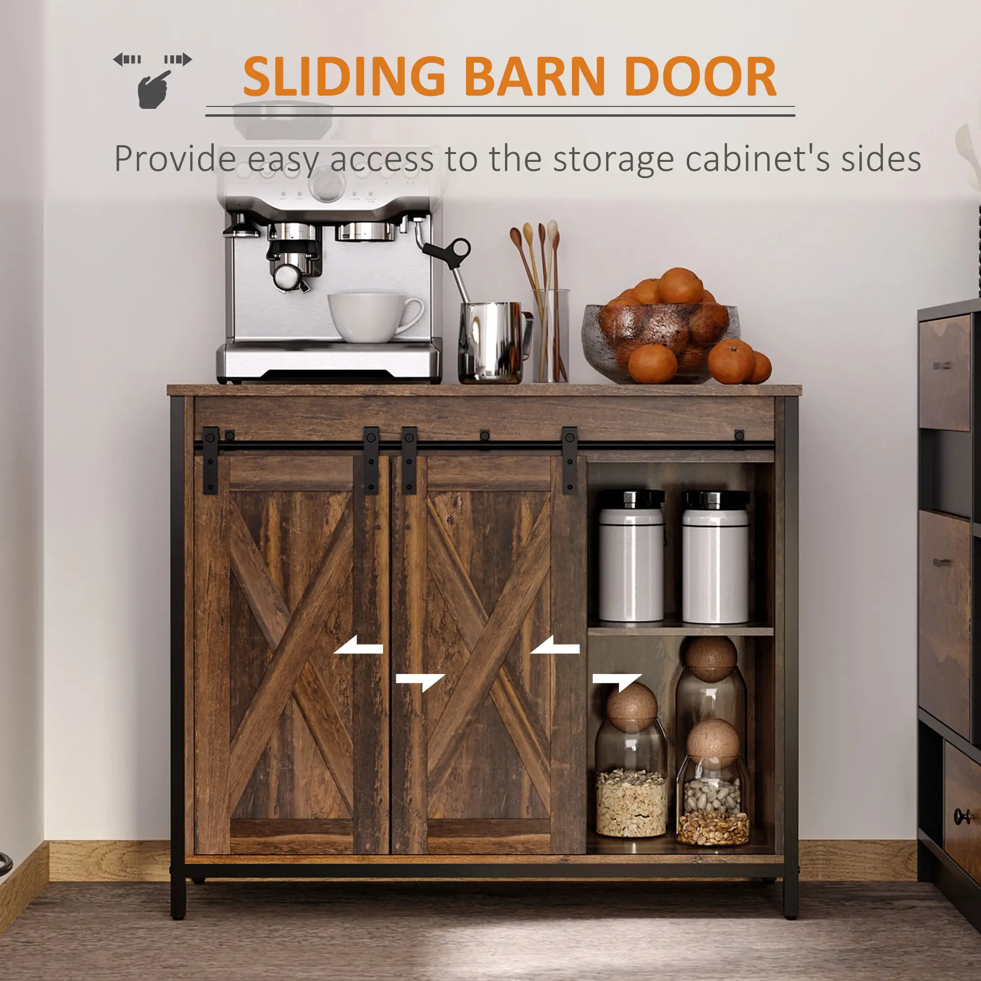 Industrial Sideboard, Buffet Cabinet with Sliding Barn Doors, Rustic Brown, Brown - Image 5