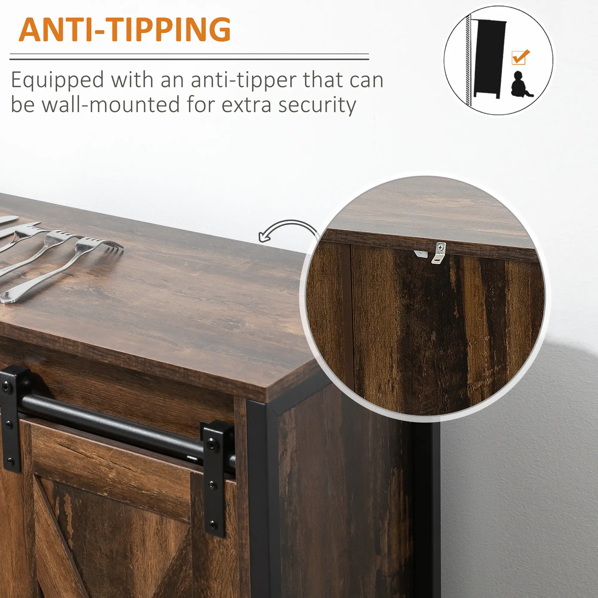 Industrial Sideboard, Buffet Cabinet with Sliding Barn Doors, Rustic Brown, Brown - Image 7