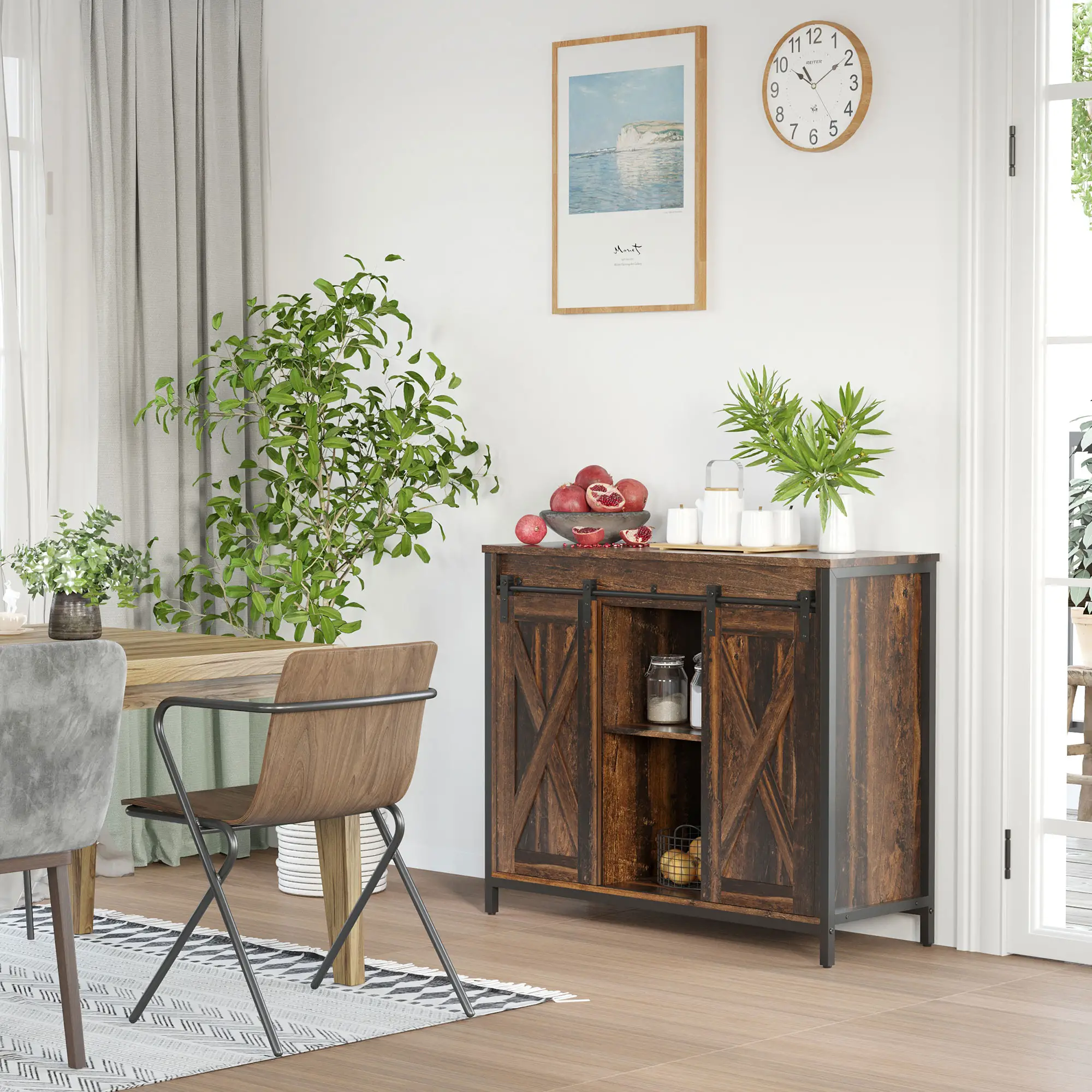 Industrial Sideboard, Buffet Cabinet with Sliding Barn Doors, Rustic Brown, Brown - Image 8