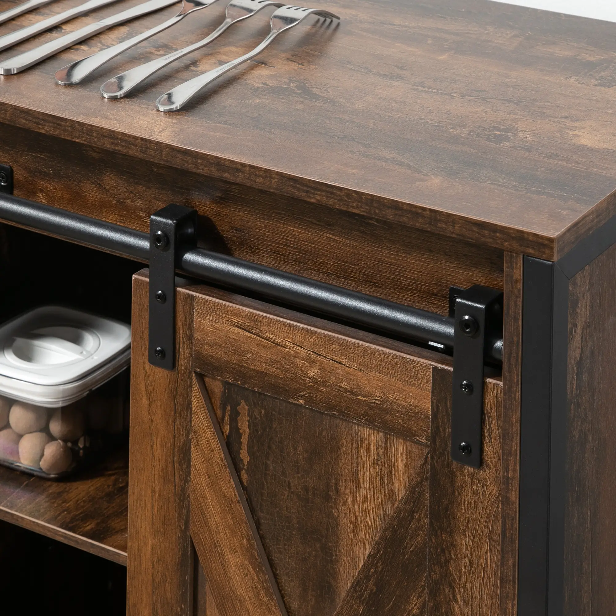 Industrial Sideboard, Buffet Cabinet with Sliding Barn Doors, Rustic Brown, Brown - Image 9