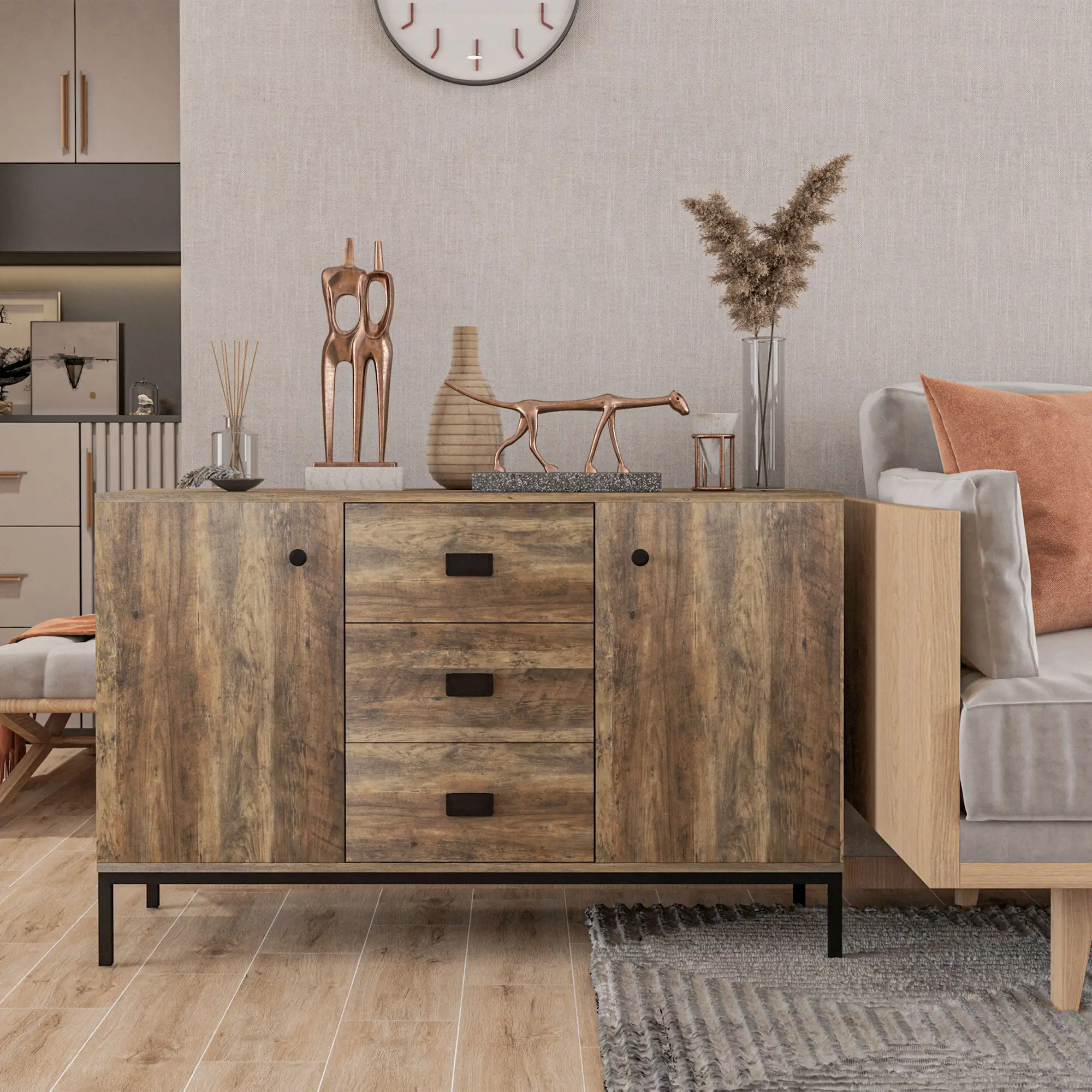 Industrial Sideboard Cabinet, 2 Doors, 3 Drawers, Shelves, Brown - Image 2