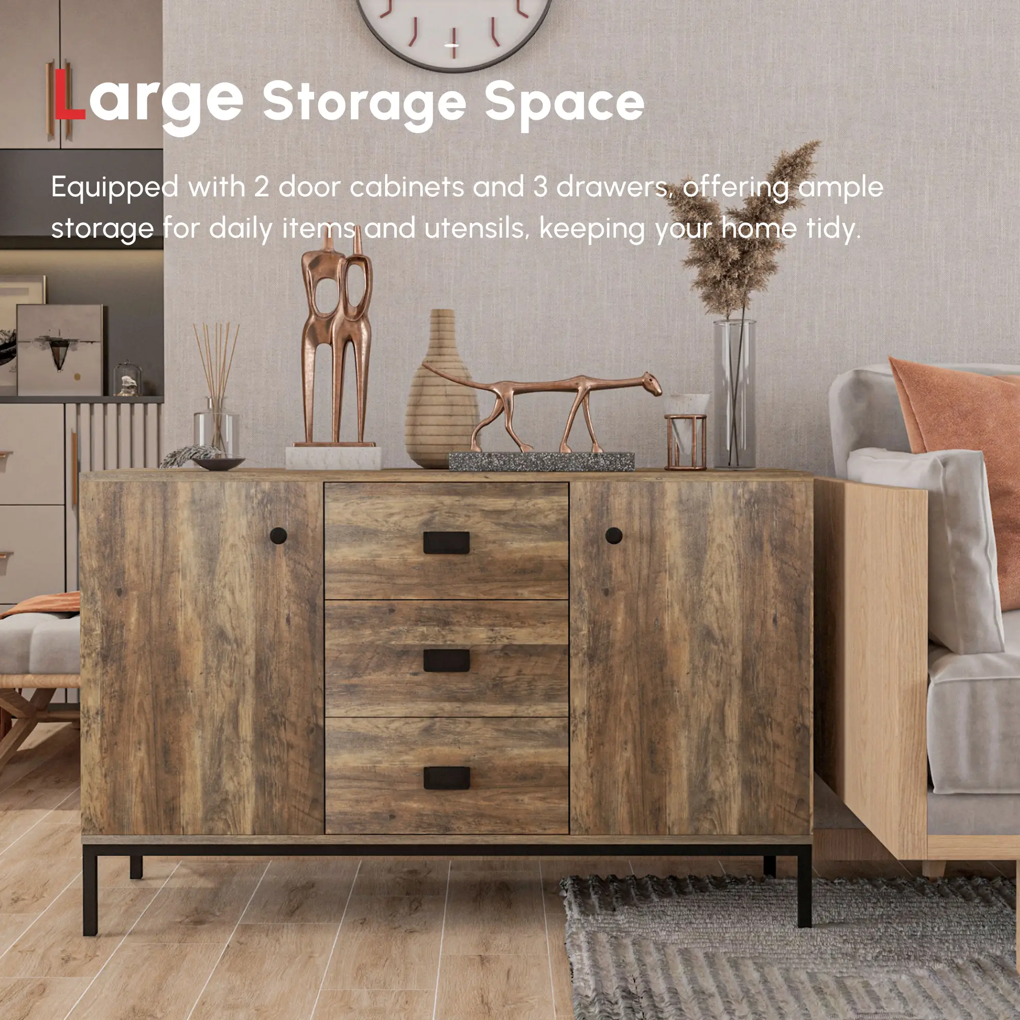 Industrial Sideboard Cabinet, 2 Doors, 3 Drawers, Shelves, Brown - Image 4