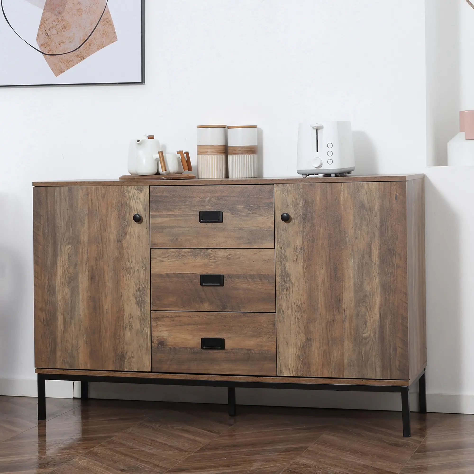 Industrial Sideboard Cabinet, 2 Doors, 3 Drawers, Shelves, Brown - Image 7