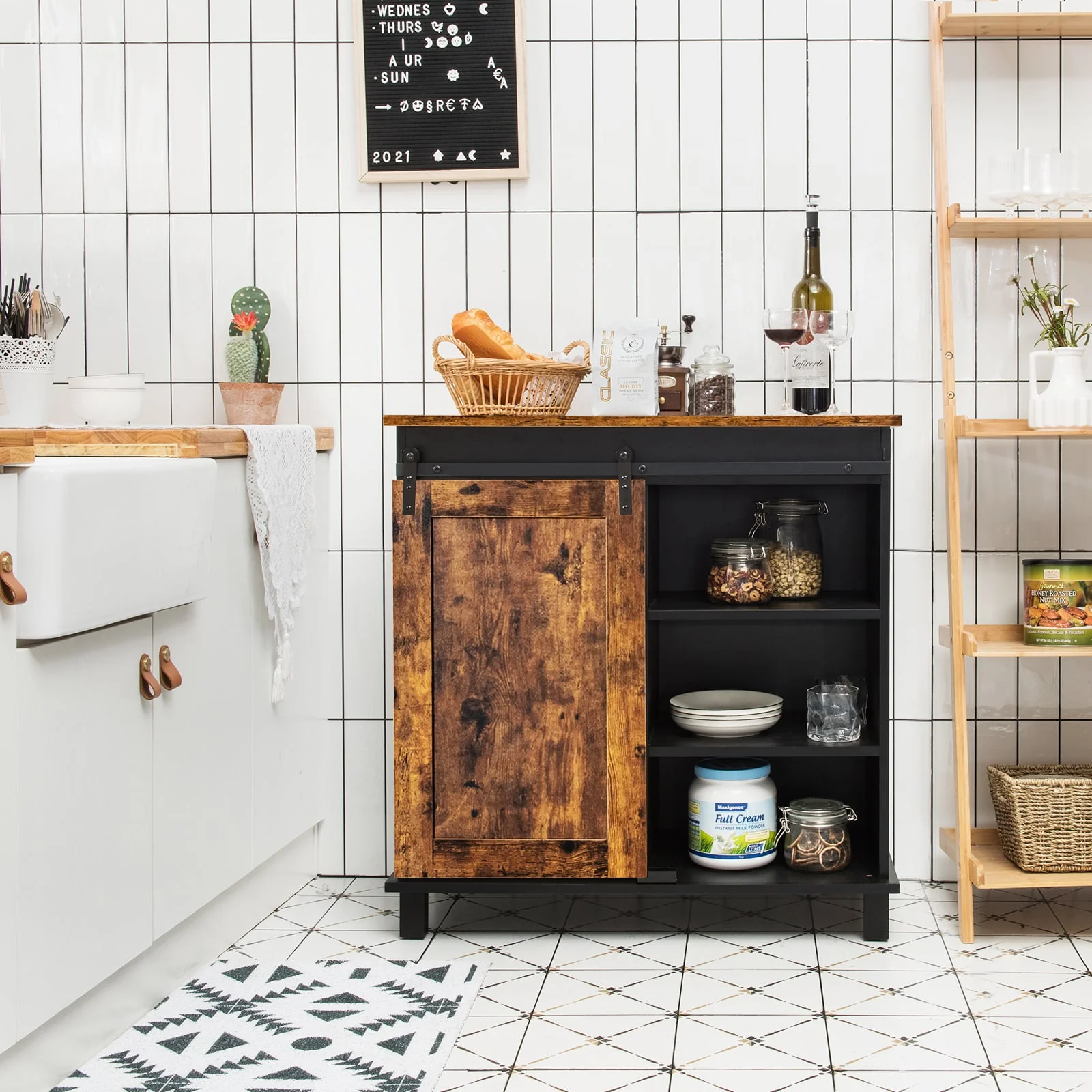 Industrial Storage Cabinet, Sliding Barn Door, Rustic Brown - Image 3