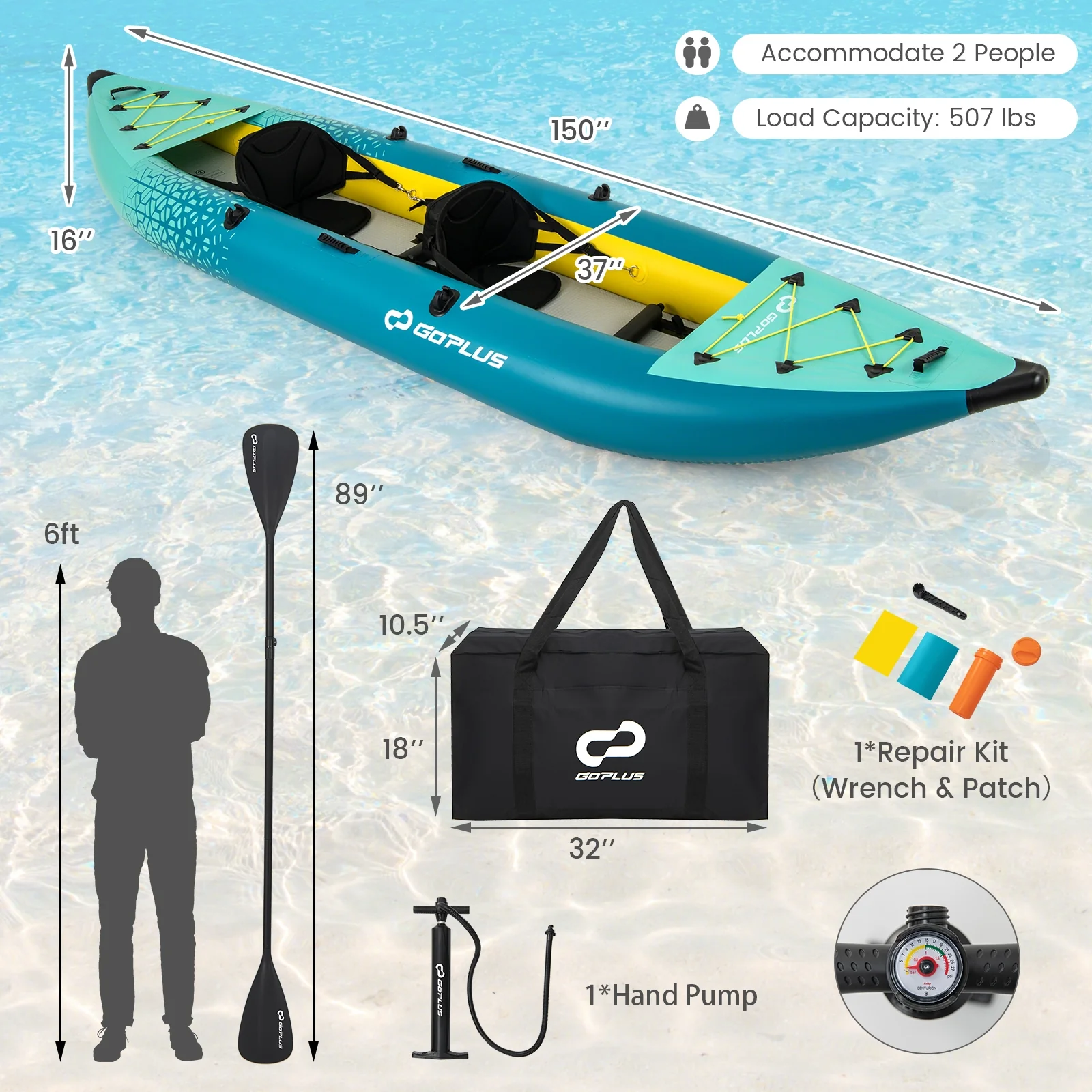 Inflatable 2-Person Kayak Set, With Aluminium Oars And Repair Kit, Green - Image 6