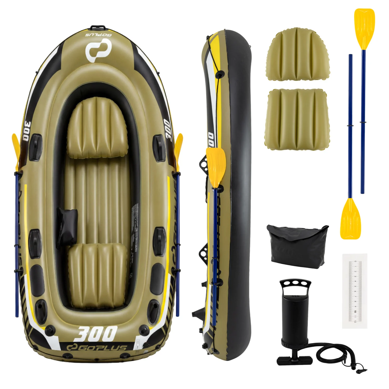 Inflatable Boat 3-Person Fishing Raft Set with Oars and Pump, Green