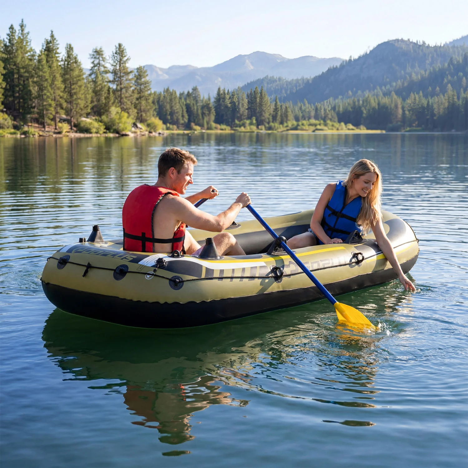 Inflatable Boat 3-Person Fishing Raft Set with Oars and Pump, Green - Image 2