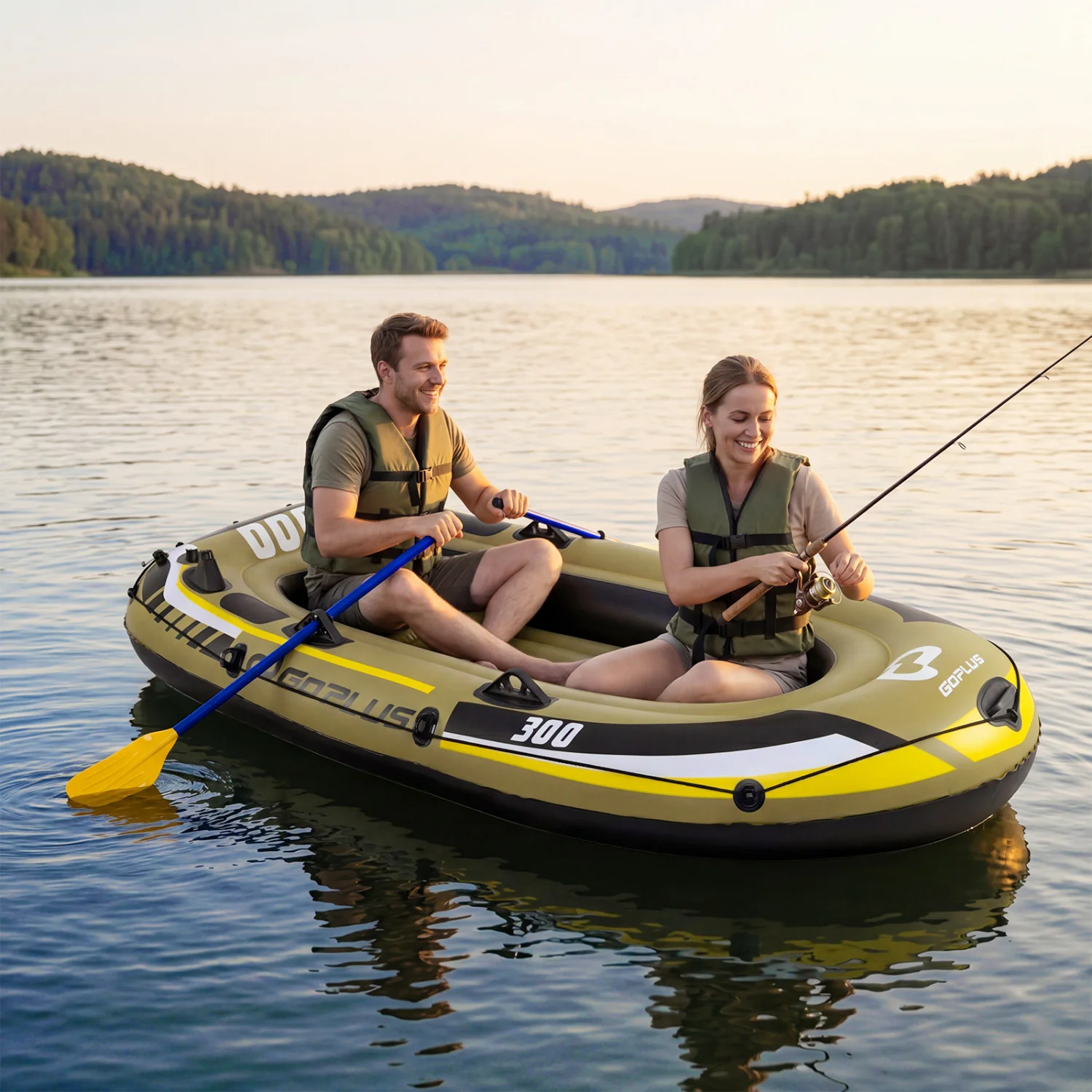 Inflatable Boat 3-Person Fishing Raft Set with Oars and Pump, Green - Image 3