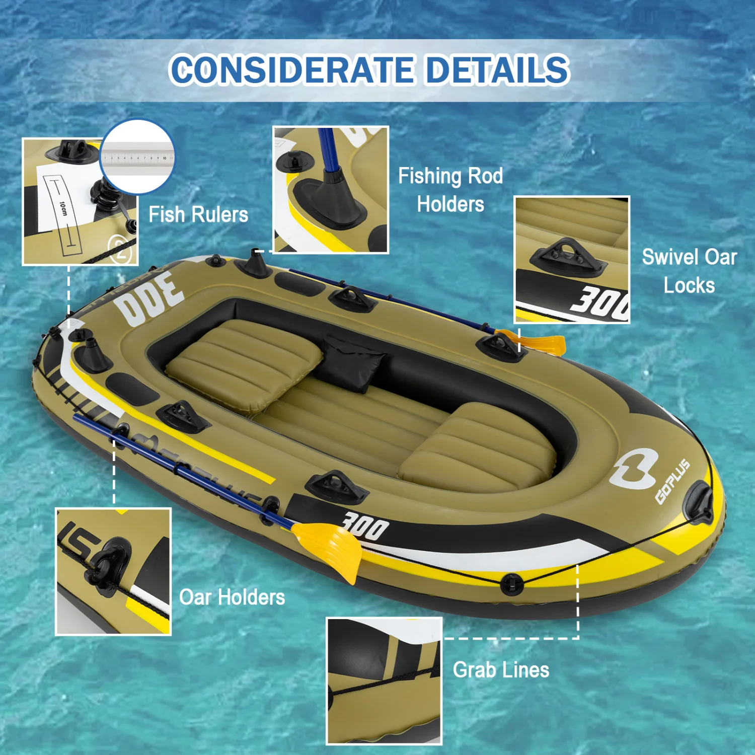 Inflatable Boat 3-Person Fishing Raft Set with Oars and Pump, Green - Image 9