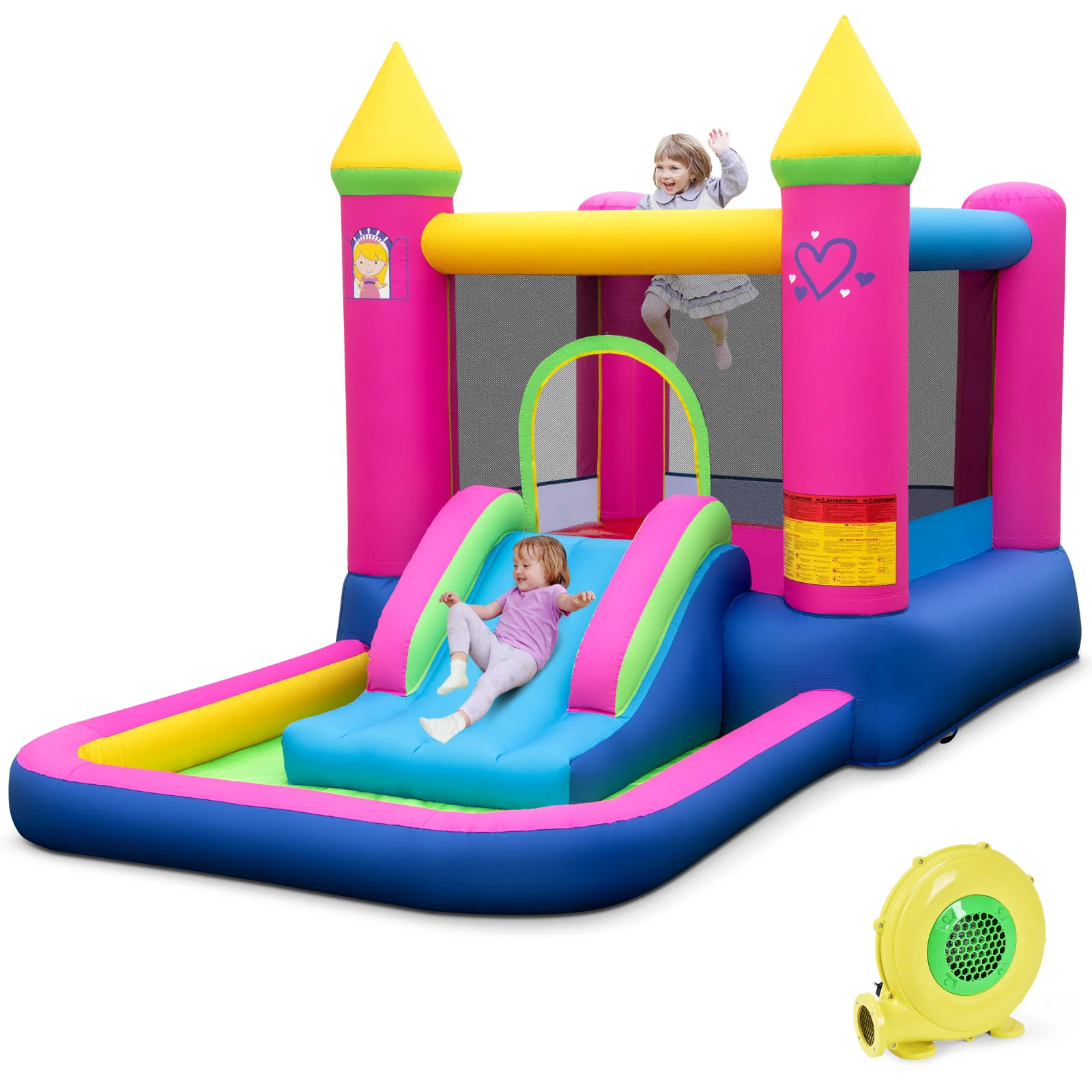 Inflatable Bounce House, 4-in-1 Princess Bouncer Castle, 480 Blower, Multicolor