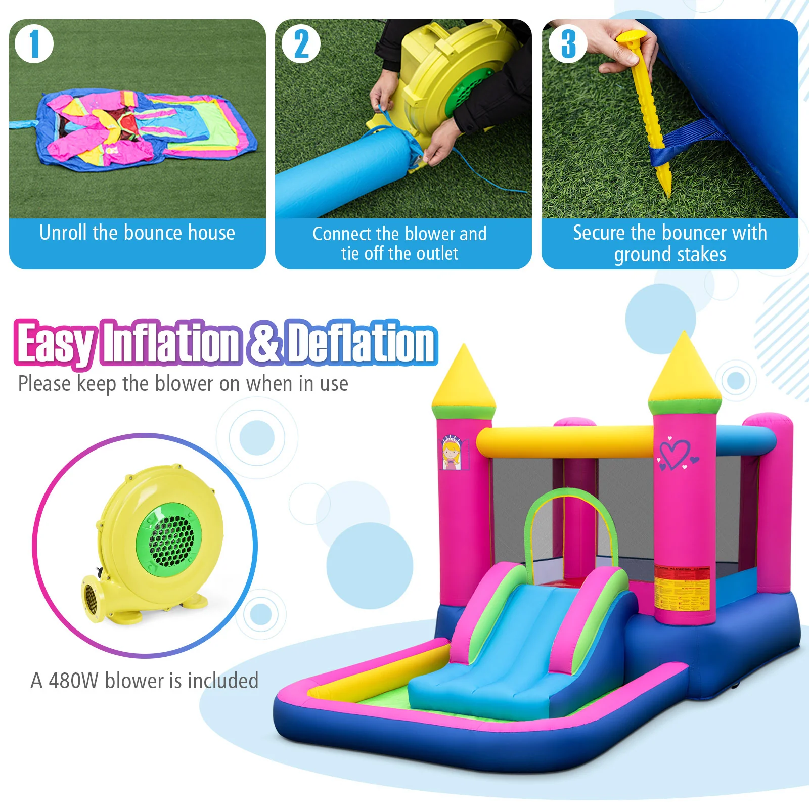 Inflatable Bounce House, 4-in-1 Princess Bouncer Castle, 480 Blower, Multicolor - Image 7