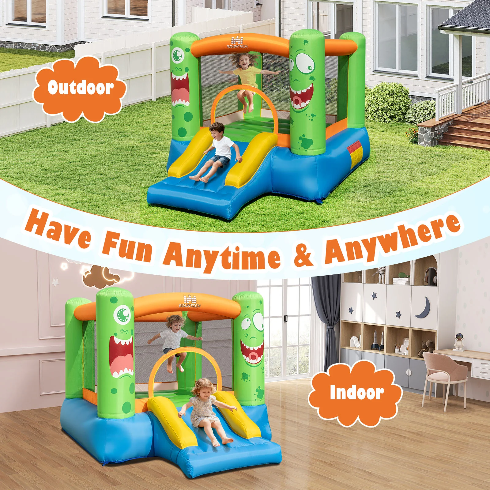 Inflatable Bounce House Monster Themed Bouncy Castle with Large Jumping Area and Slide 550W Blower Included - Image 3