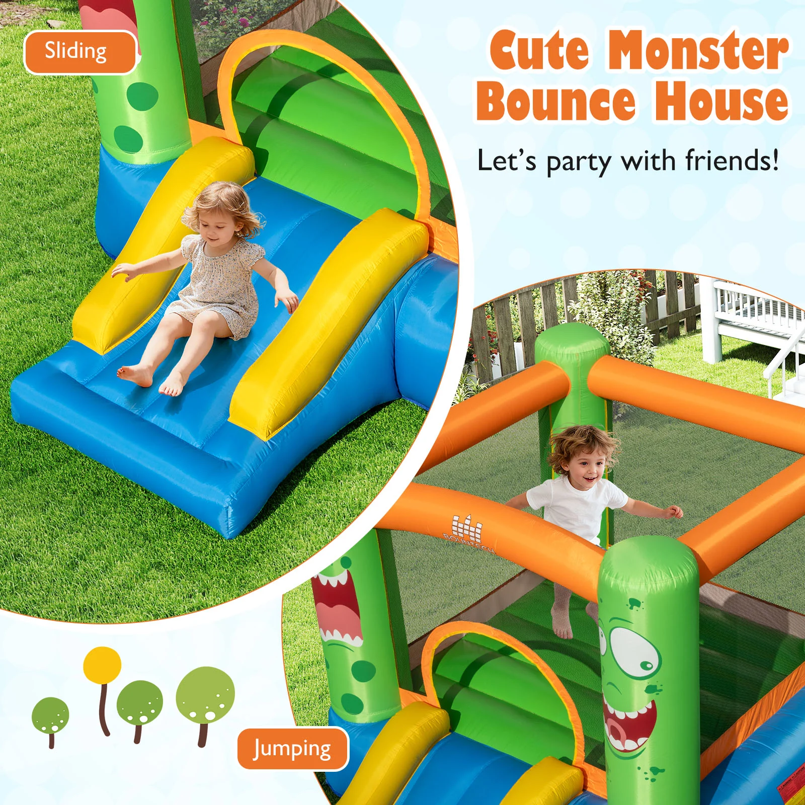 Inflatable Bounce House Monster Themed Bouncy Castle with Large Jumping Area and Slide 550W Blower Included - Image 7