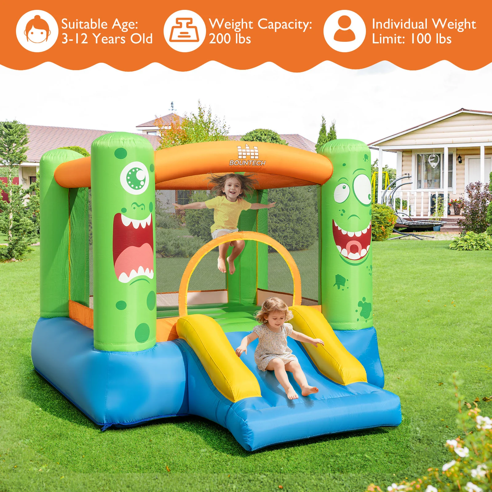 Inflatable Bounce House Monster Themed Bouncy Castle with Large Jumping Area and Slide 550W Blower Included - Image 8