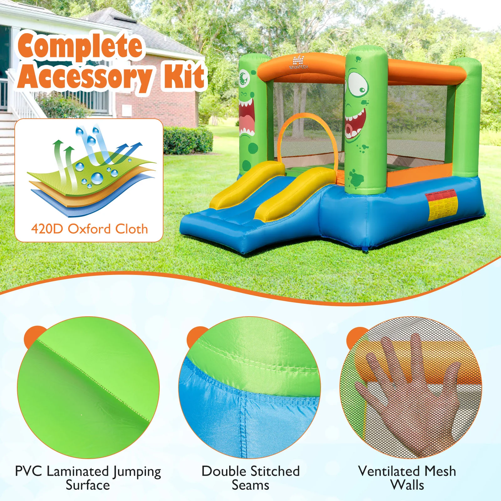 Inflatable Bounce House Monster Themed Bouncy Castle with Large Jumping Area and Slide 550W Blower Included - Image 9