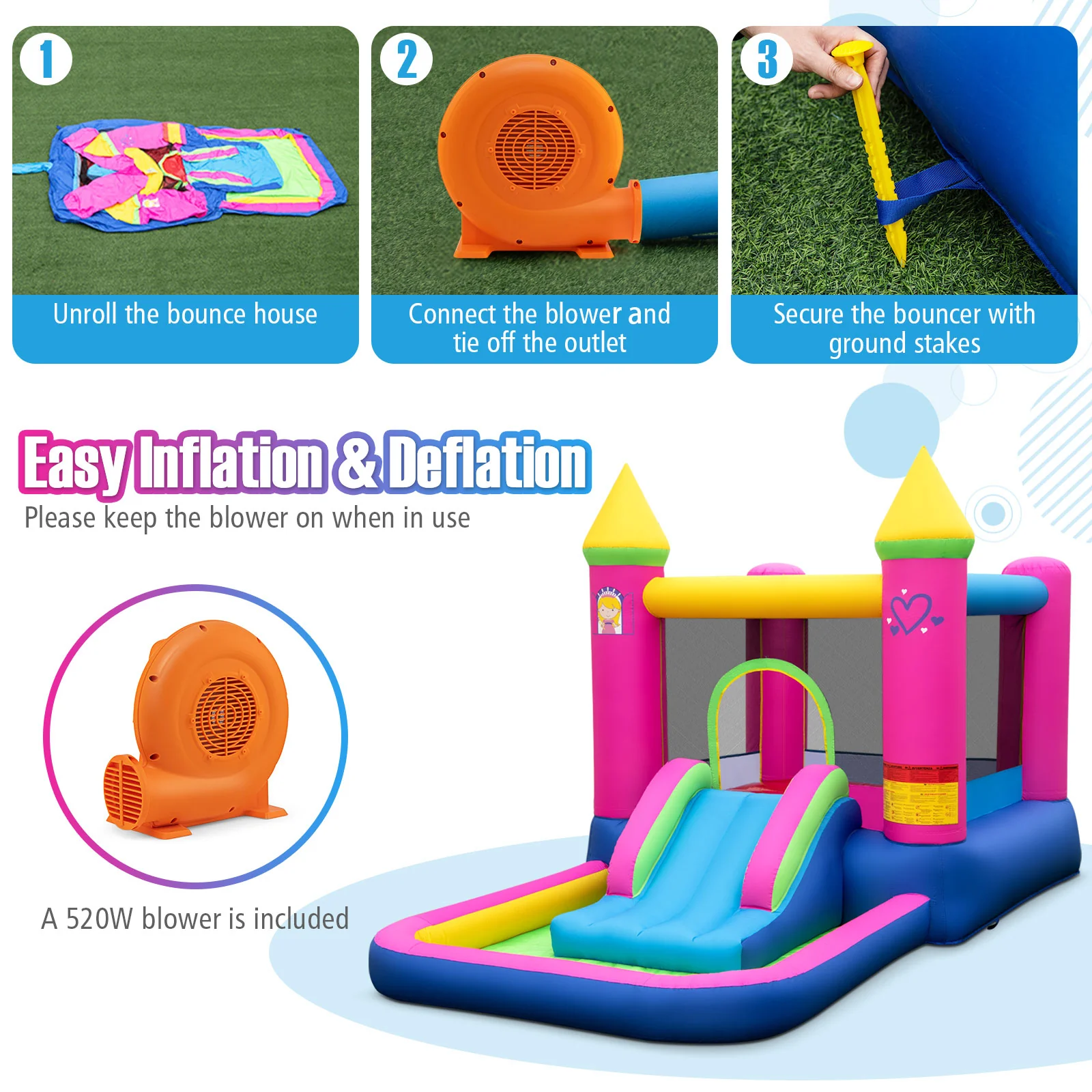 Inflatable Bounce House, Princess Bouncy Castle, 520W Blower - Image 5