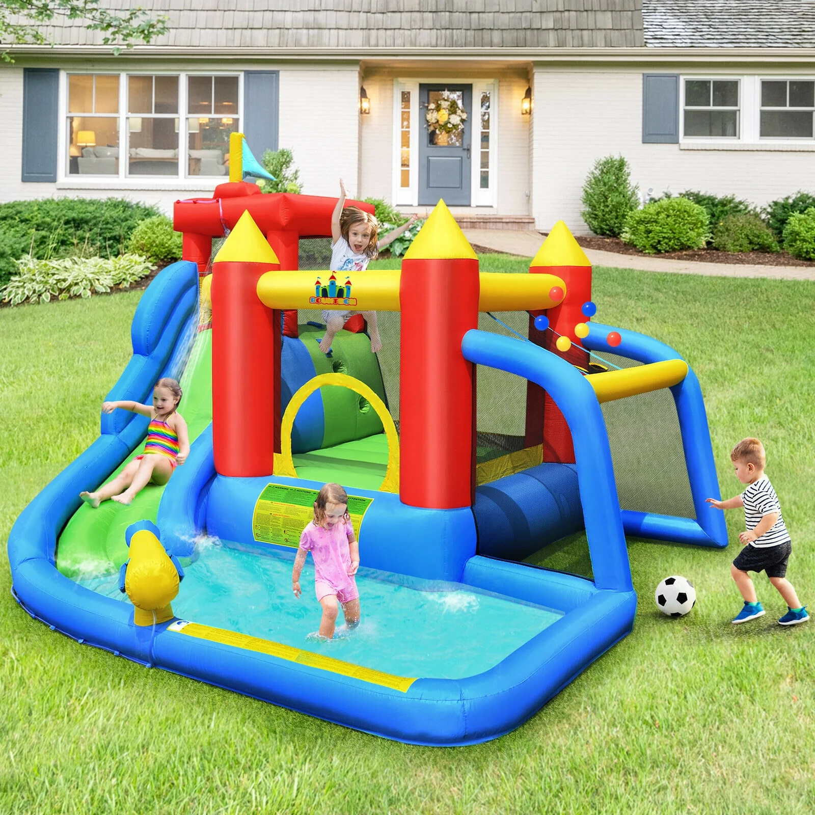 Inflatable Bouncer Bounce House with Water Slide Splash Pool without Blower - Image 2