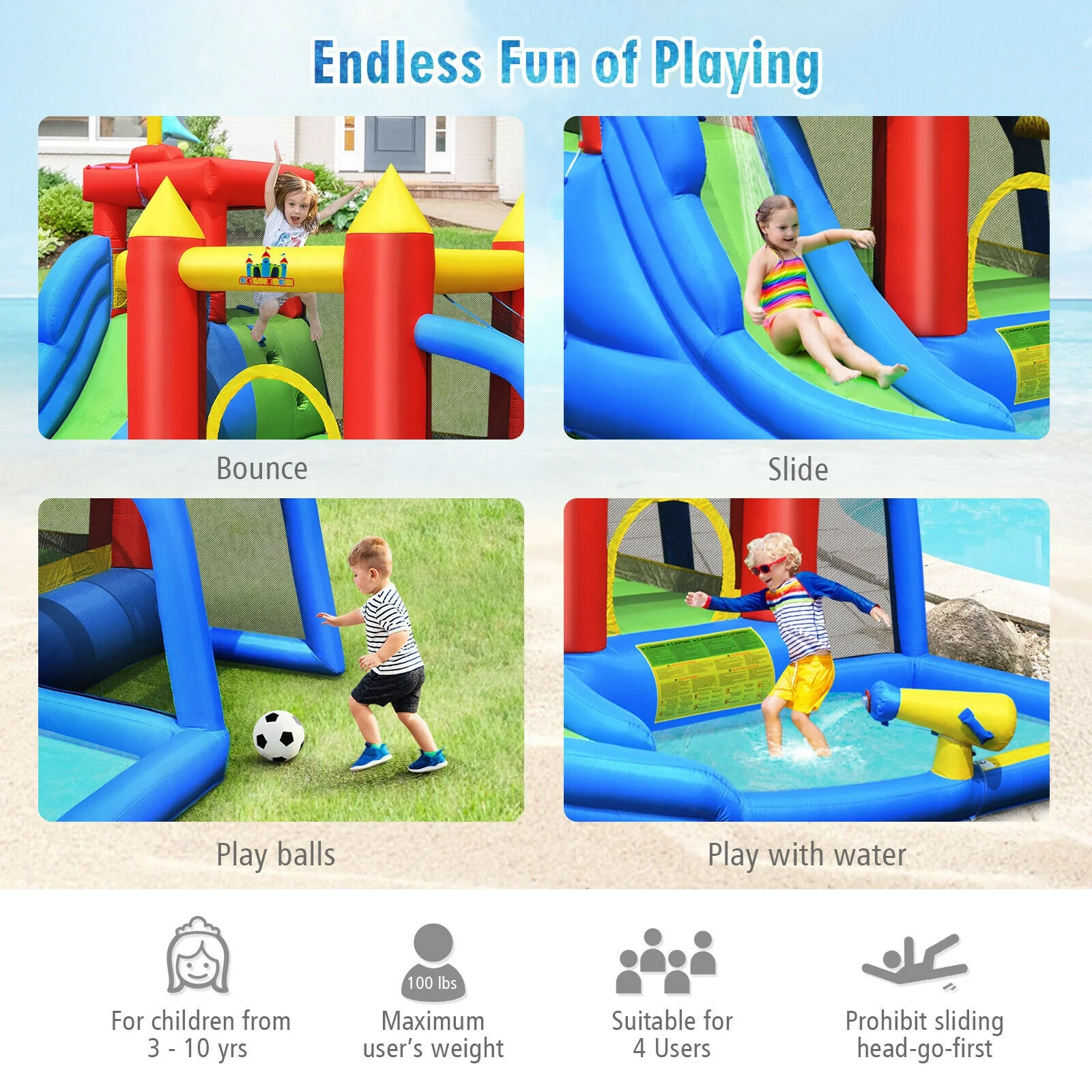 Inflatable Bouncer Bounce House with Water Slide Splash Pool without Blower - Image 3