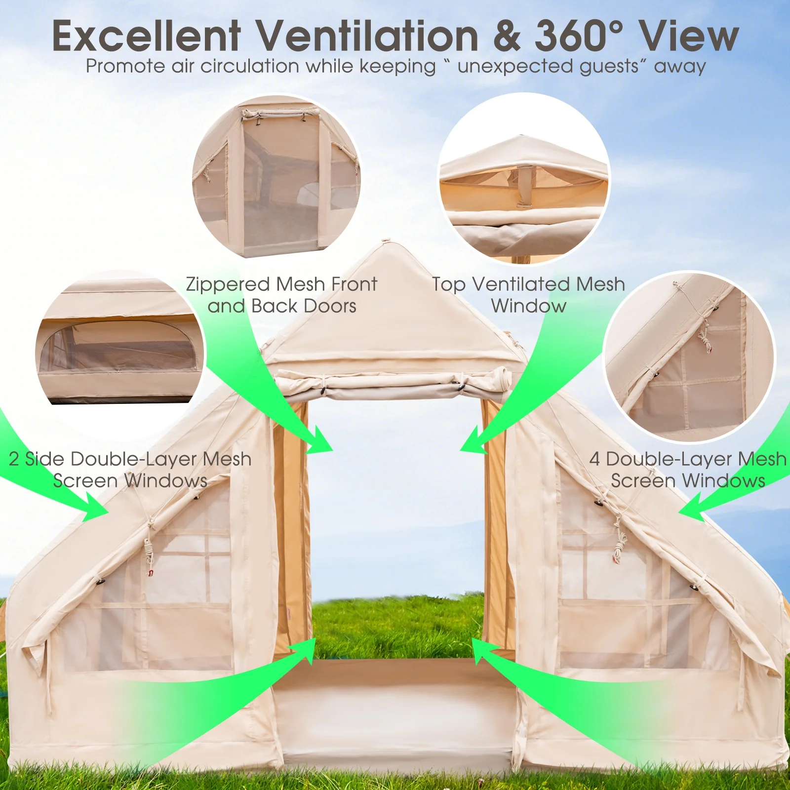 Inflatable Camping Tent, 2/4/6 People, Family Glamping Tent With Pump, Beige - Image 10