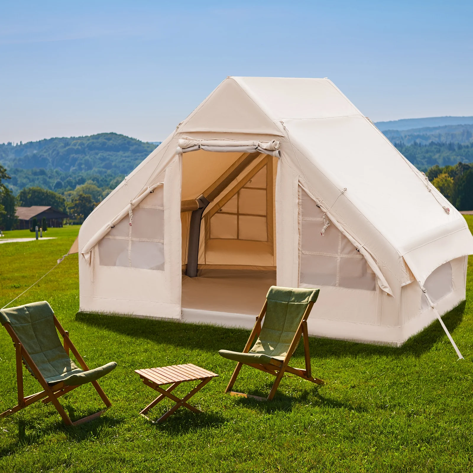 Inflatable Camping Tent, 2/4/6 People, Family Glamping Tent With Pump, Beige - Image 2